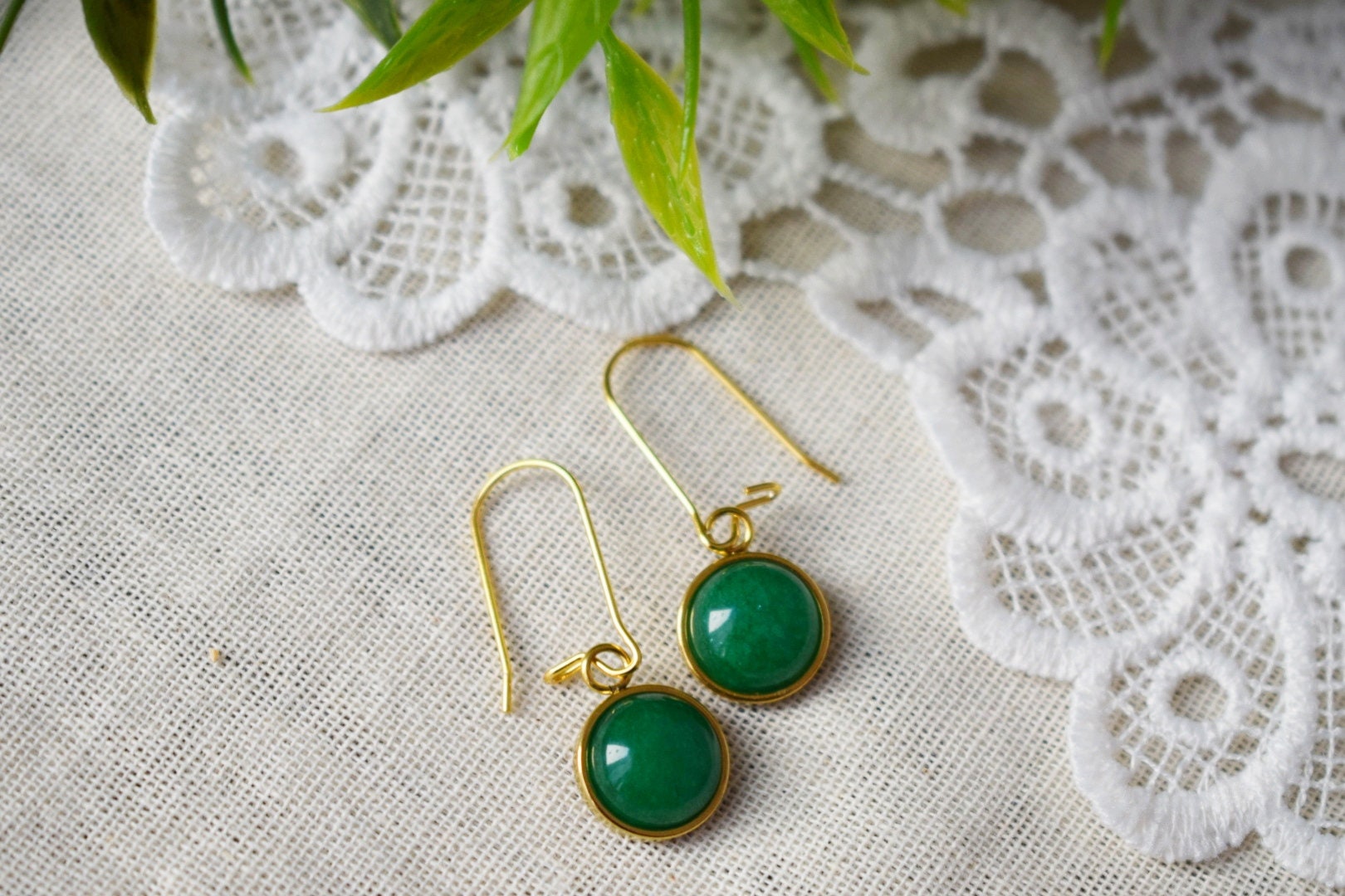 Gold Hoop Green Jade Lever Back Earrings, Gemstone Dangle