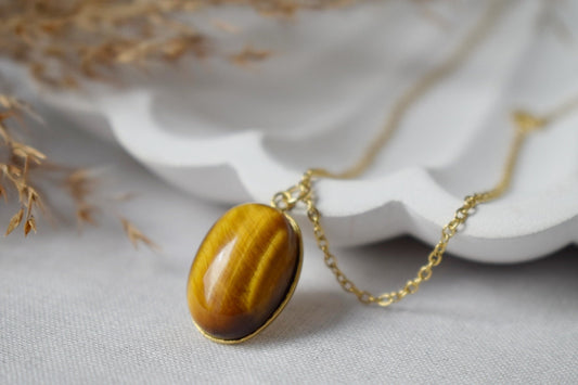 Halskette Ovaler Tigerauge Edelstein Anhänger, Tigerauge vergoldeter Edelstahl Schmuck, Langer Braungold Geburtsstein, Weihnachtsgeschenk für Sie
