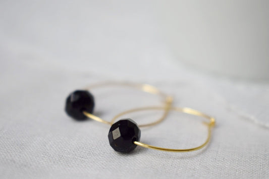 Black Jade Hoop Earrings: 18k Gold Plated Stainless Steel, Minimalist Jewelry