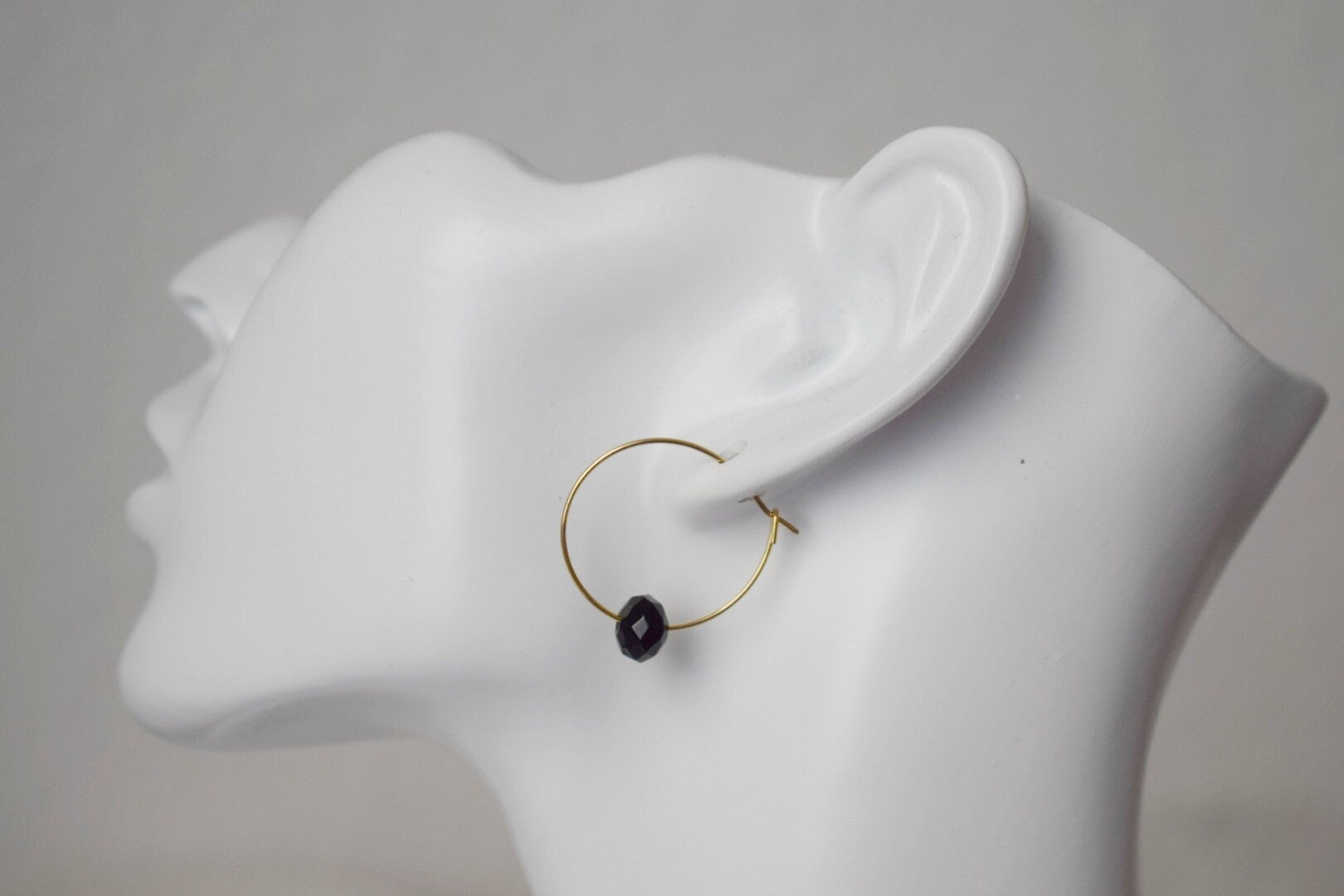 Black Jade Hoop Earrings: 18k Gold Plated Stainless Steel, Minimalist Jewelry