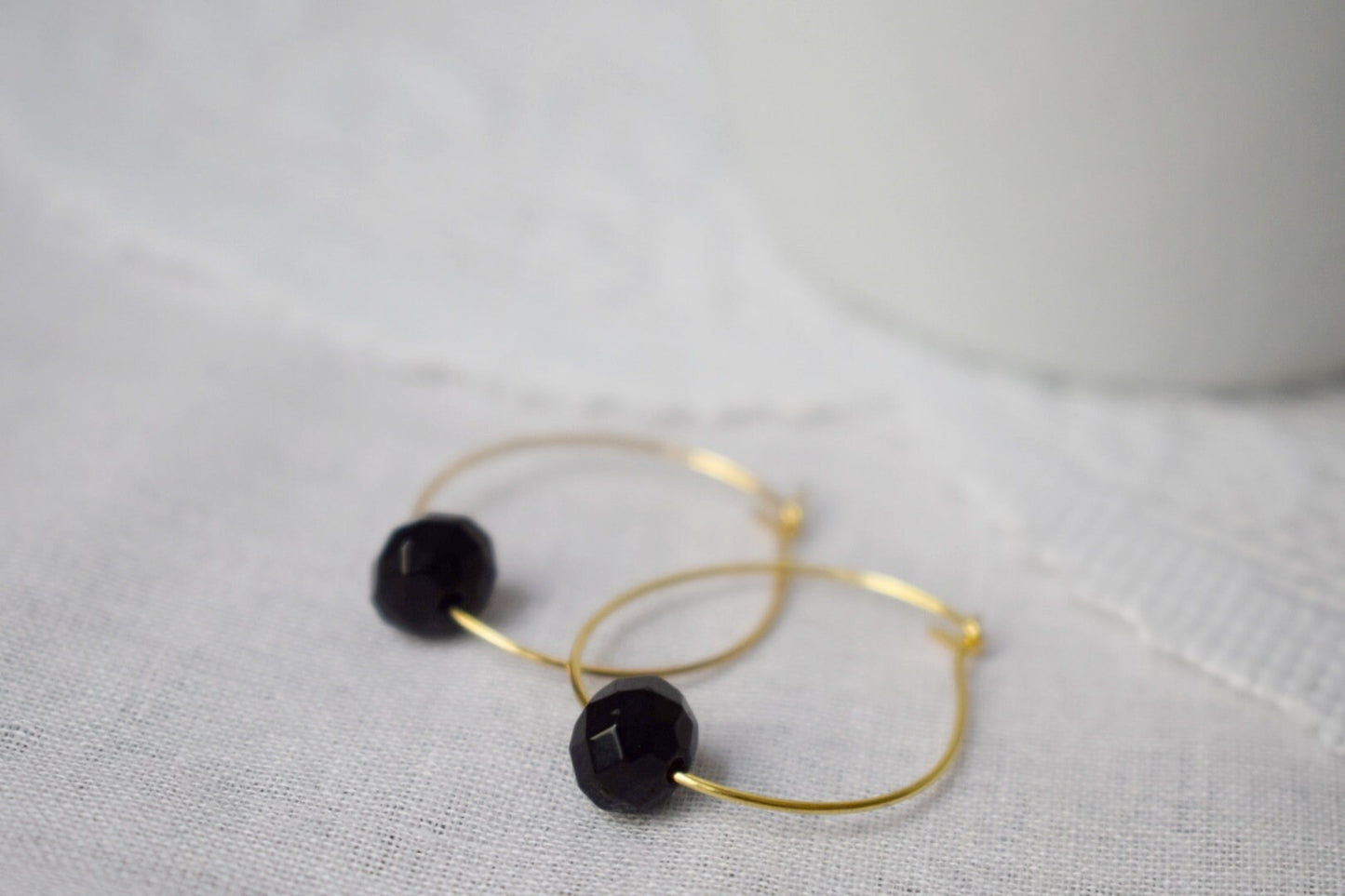 Black Jade Hoop Earrings: 18k Gold Plated Stainless Steel, Minimalist Jewelry