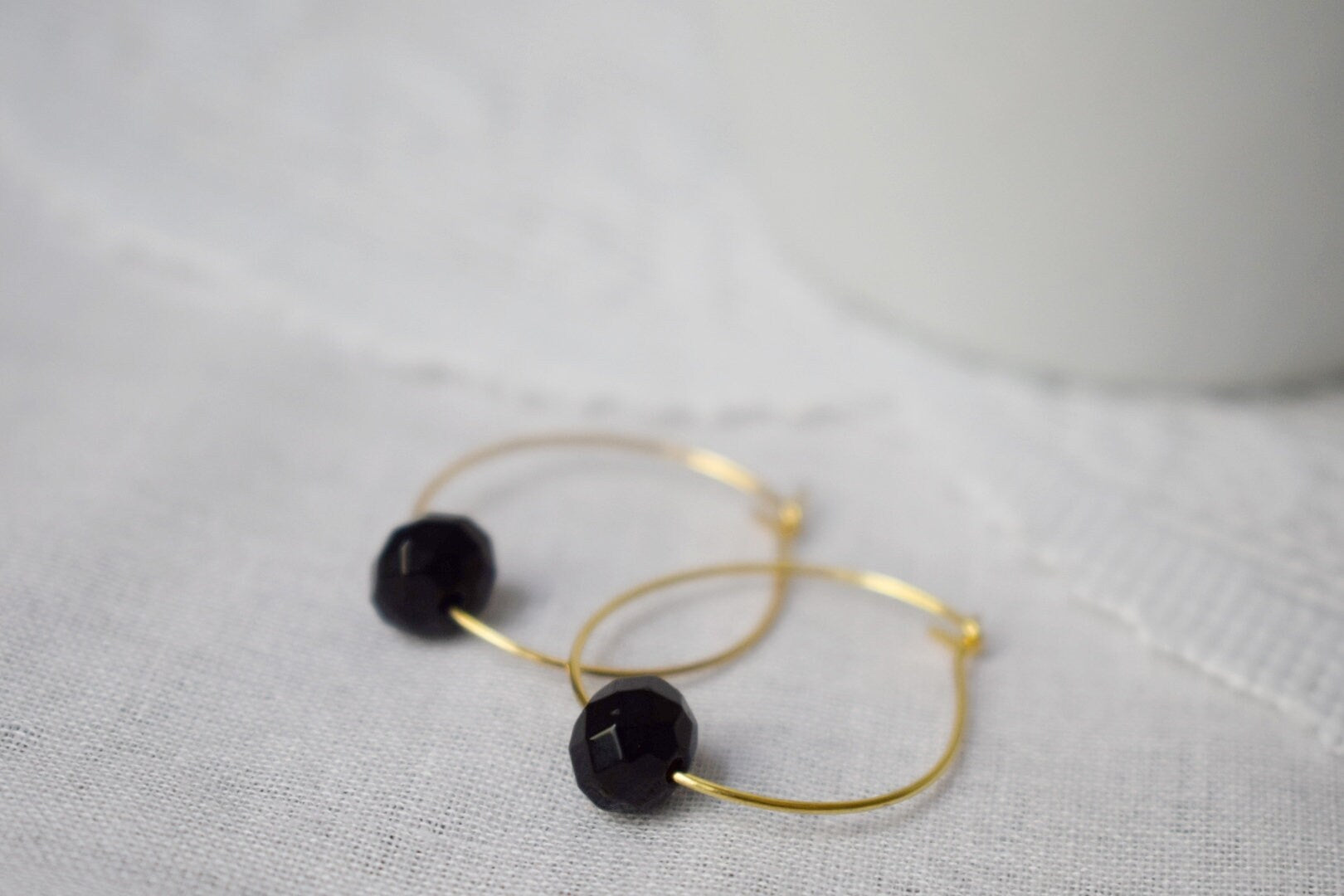 Black Jade Hoop Earrings: 18k Gold Plated Stainless Steel, Minimalist Jewelry