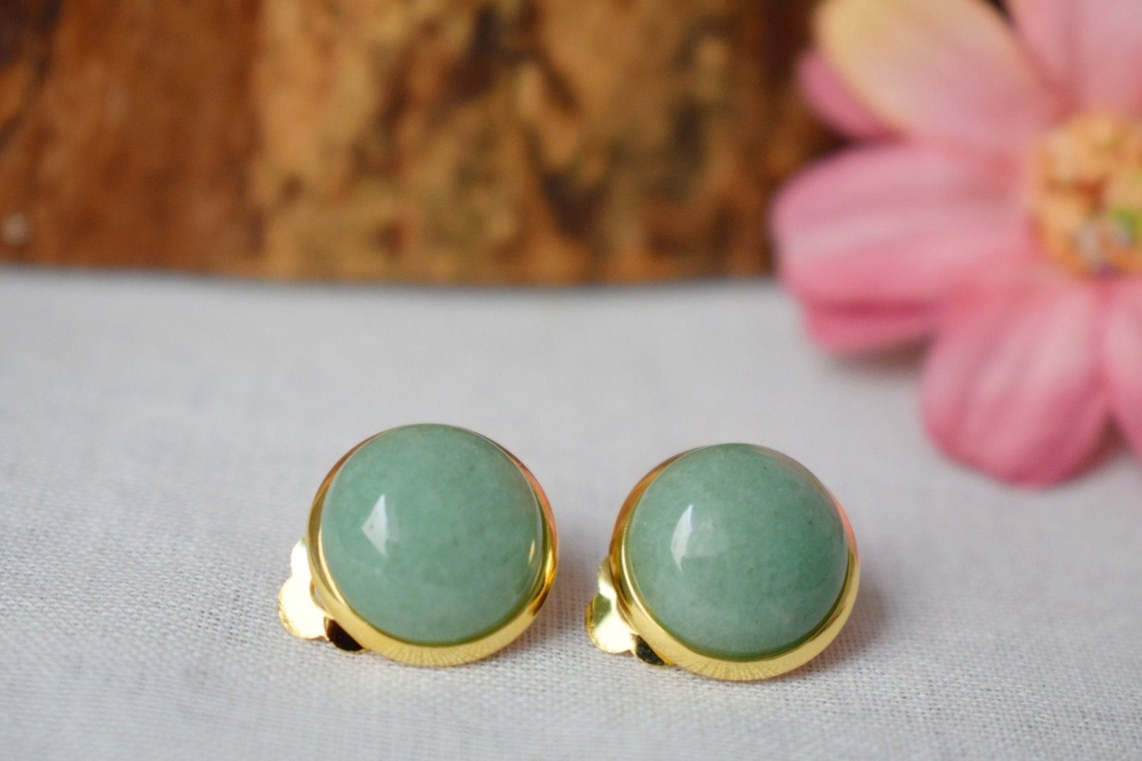 Aventurine Clip On Earrings: Gold Plated Stainless Steel Jewelry
