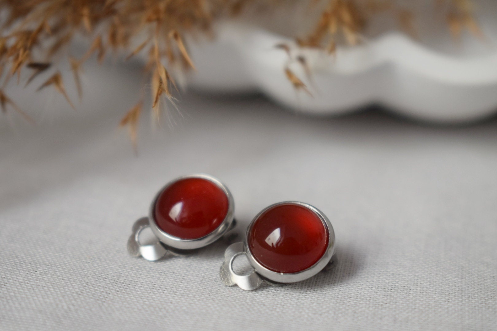 Red Agate Clip On Earrings: Stainless Steel Non Pierced Jewelry