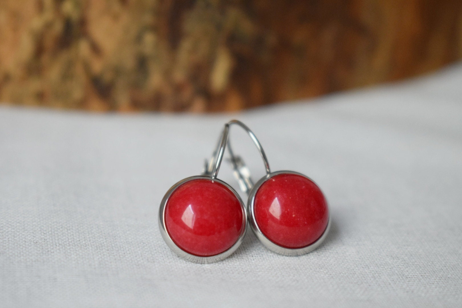 Red Jade Stainless Steel Lever Back Earrings, Round Stone Jewelry