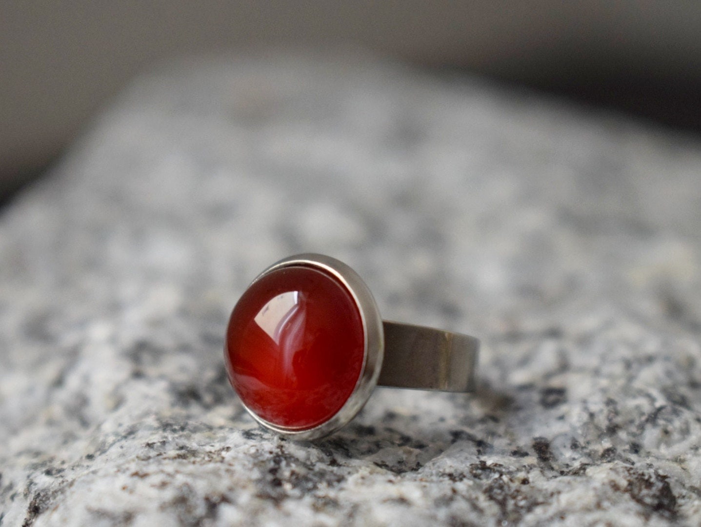 Red Agate Ring: Stainless Steel Adjustable Gemstone Jewelry