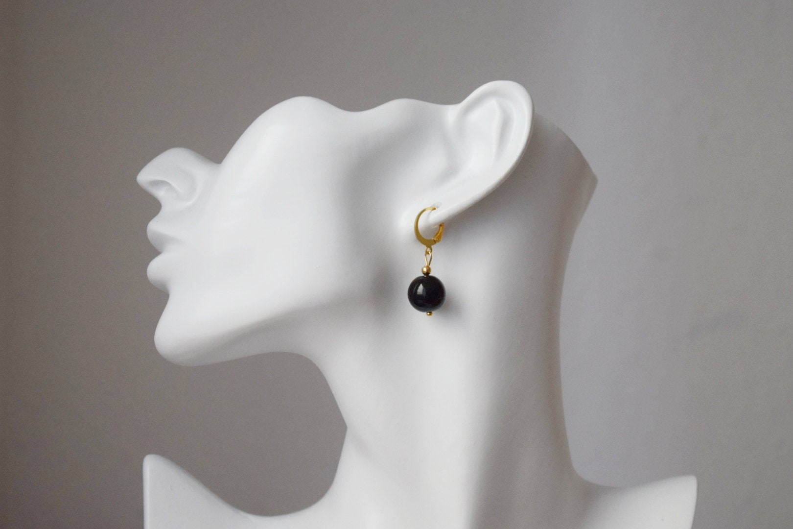 Black Agate Huggie Hoop Earrings: 24k Gold Plated Stainless Steel Jewelry