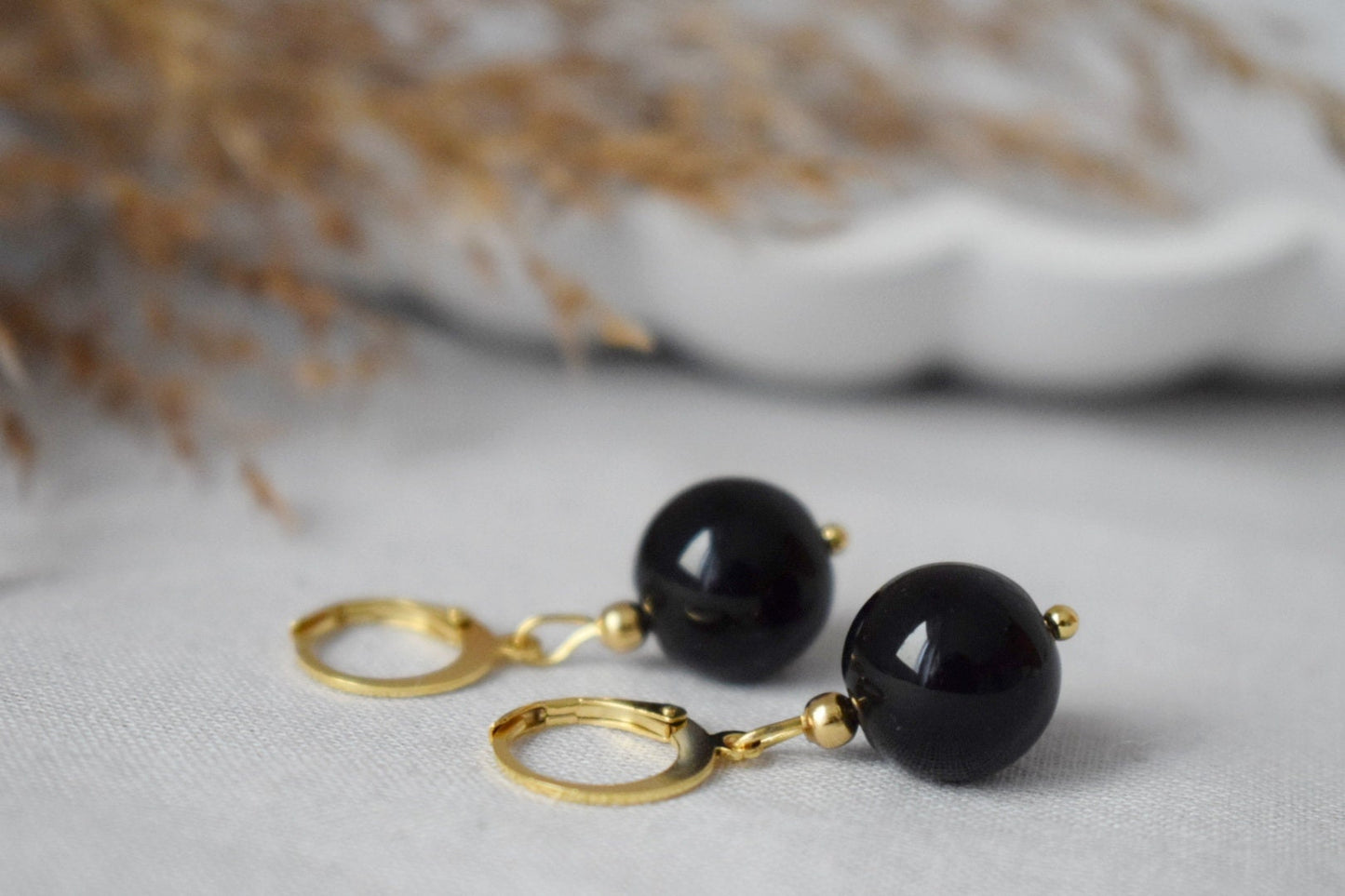 Black Agate Huggie Hoop Earrings: 24k Gold Plated Stainless Steel Jewelry