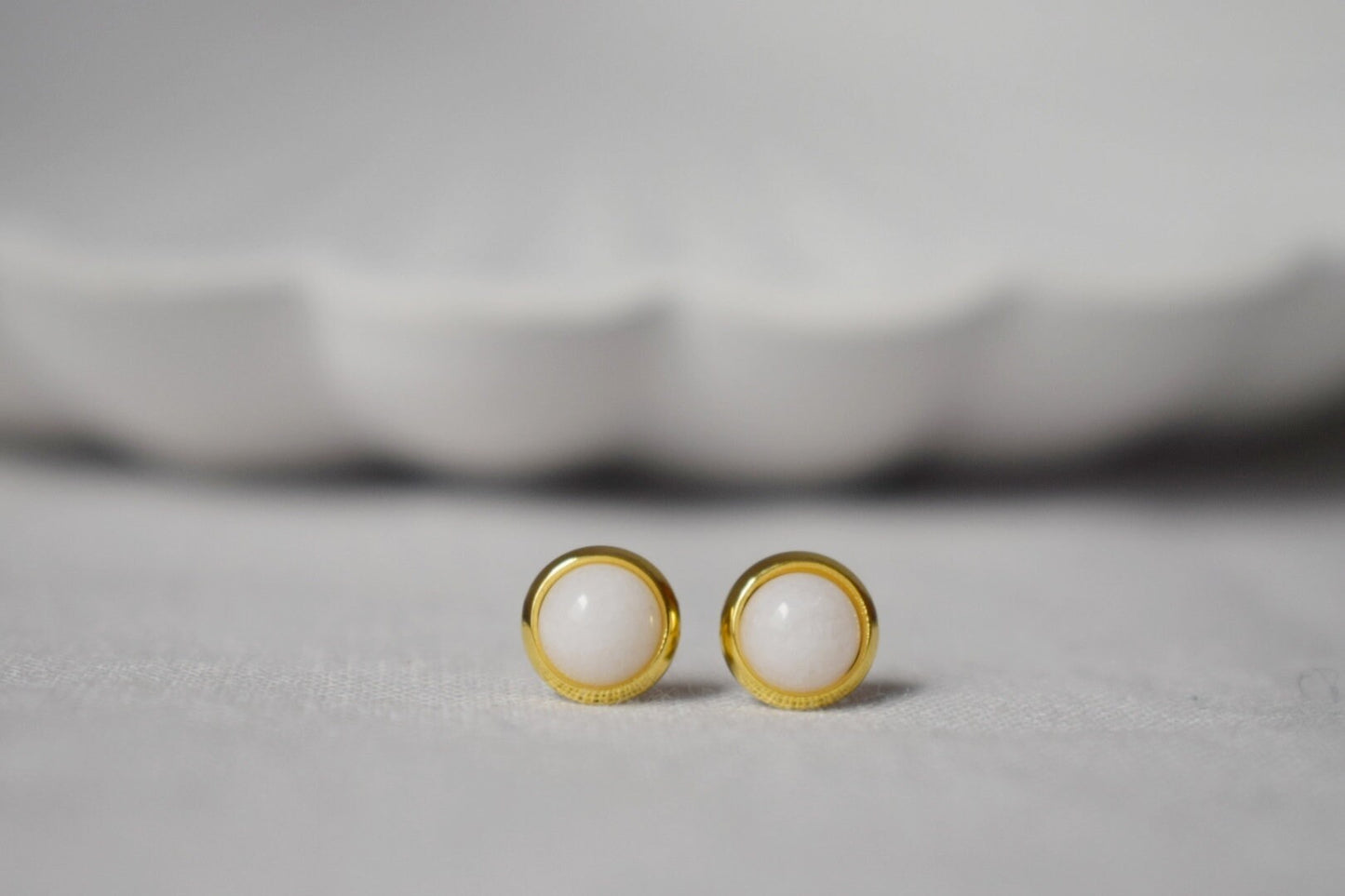 White jade stud earrings, 18k Gold Plated, Minimalist Gemstone jewelry, Gift For Her