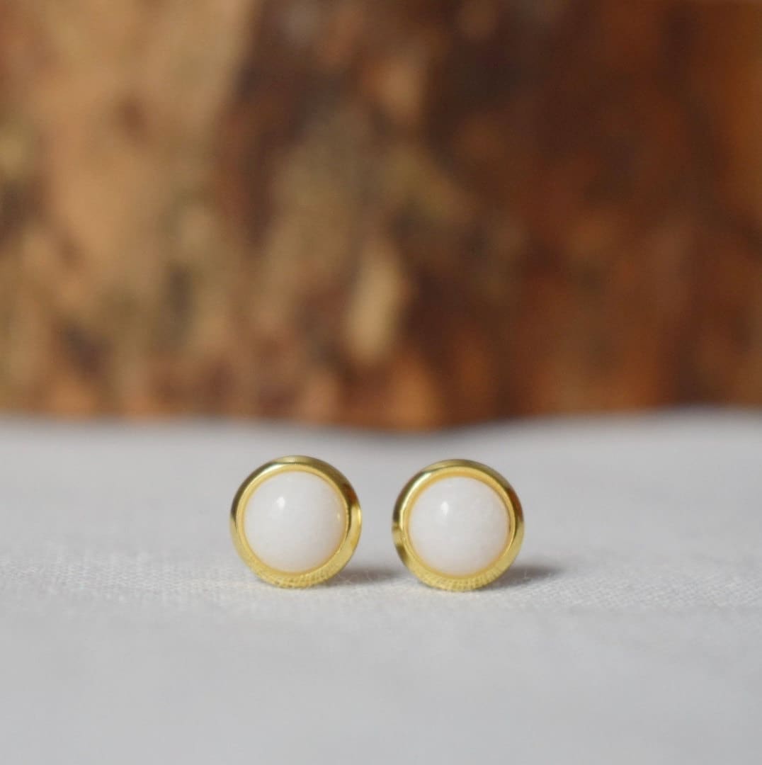 White jade stud earrings, 18k Gold Plated, Minimalist Gemstone jewelry, Gift For Her
