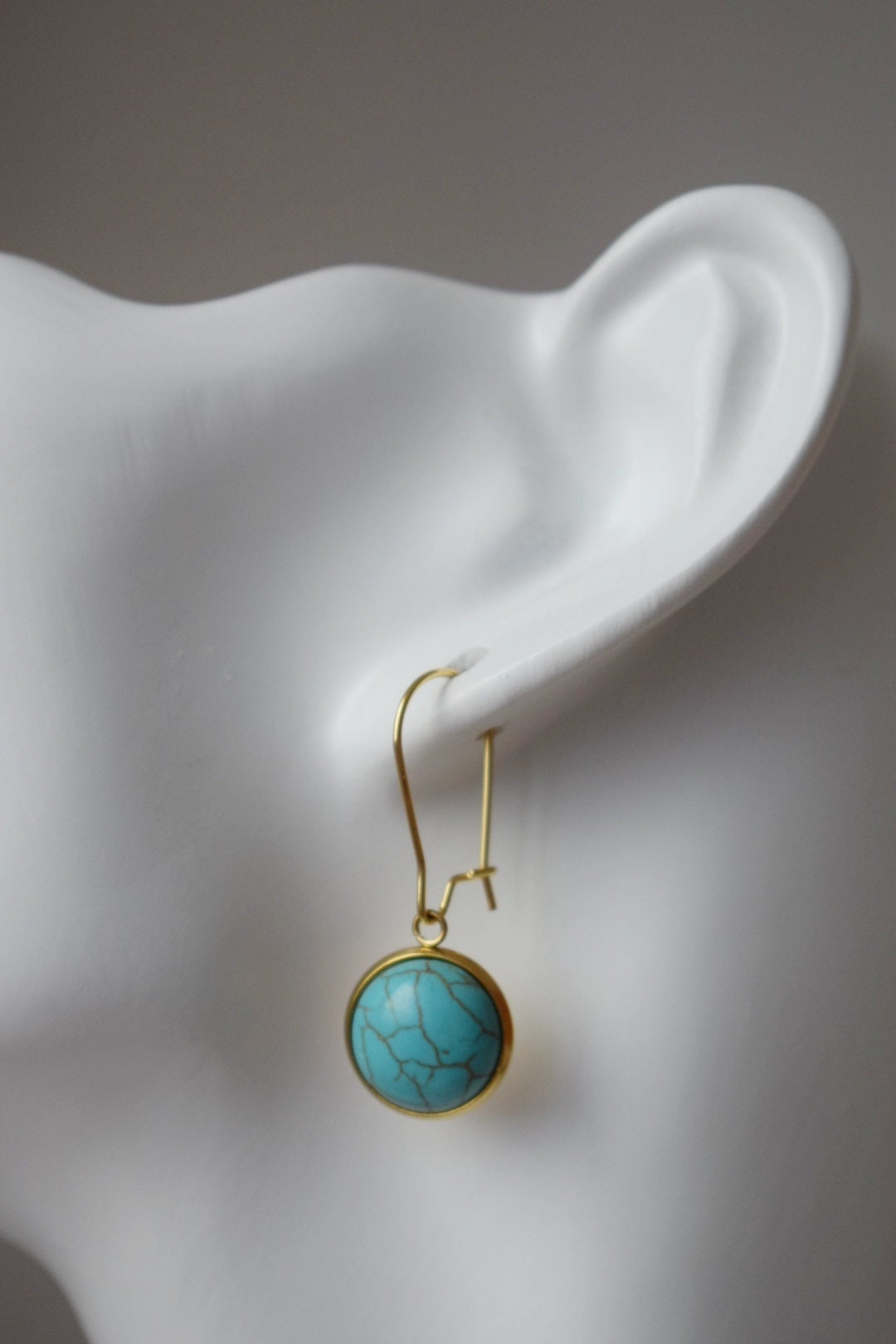 Turquoise earrings dangle, Gemstone hoop earrings gold, Round pendant hanging earrings, Lever back earrings, Turquoise jewelry, Gift for her