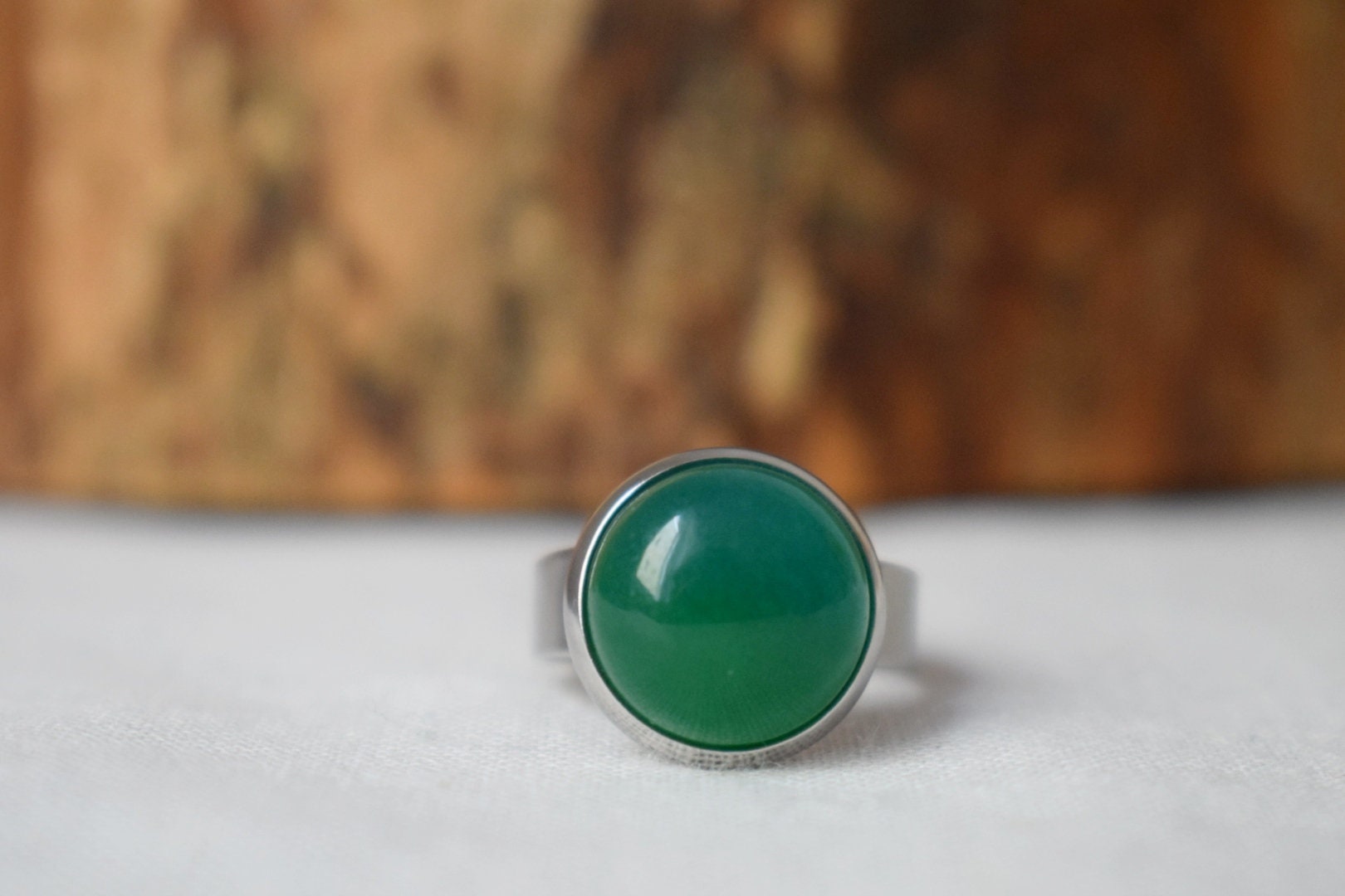 Green Jade Ring: Stainless Steel Adjustable Statement Jewelry