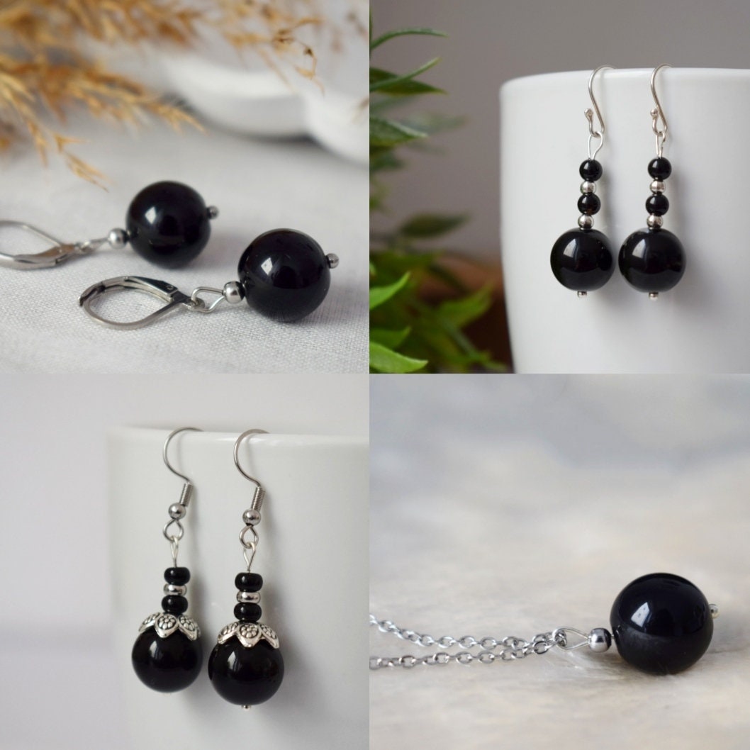 Schwarze Achat Huggie Ohrringe, Edelstein Perlen Ohrringe, Schwarz Gold Farbe Ohrringe, Hängende Kugel Stein Ohrringe, Schmuck Geschenk für Sie
