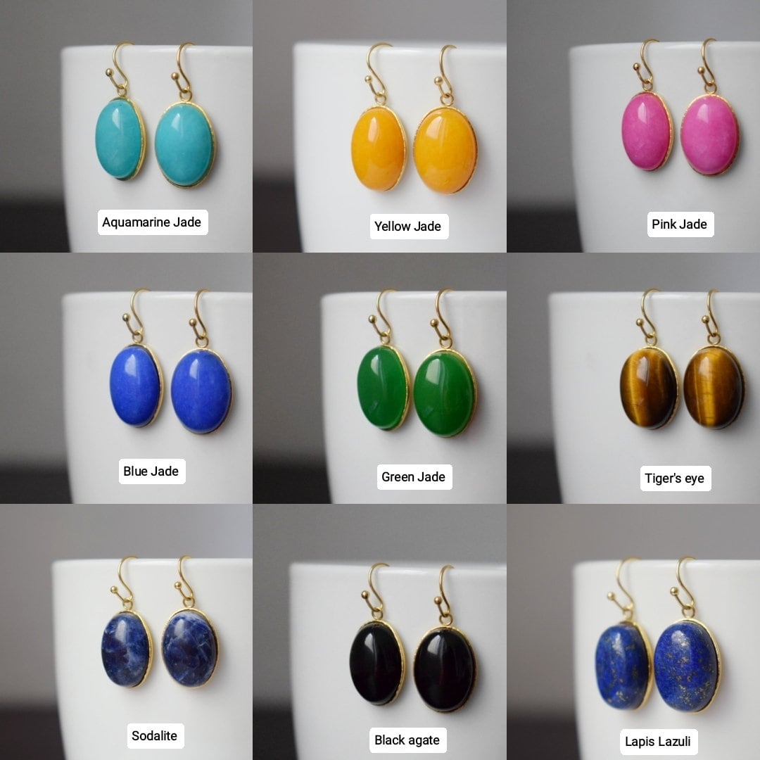 Orange Jade Dangle Earrings: Gold Plated Oval Gemstone Pendant Jewelry