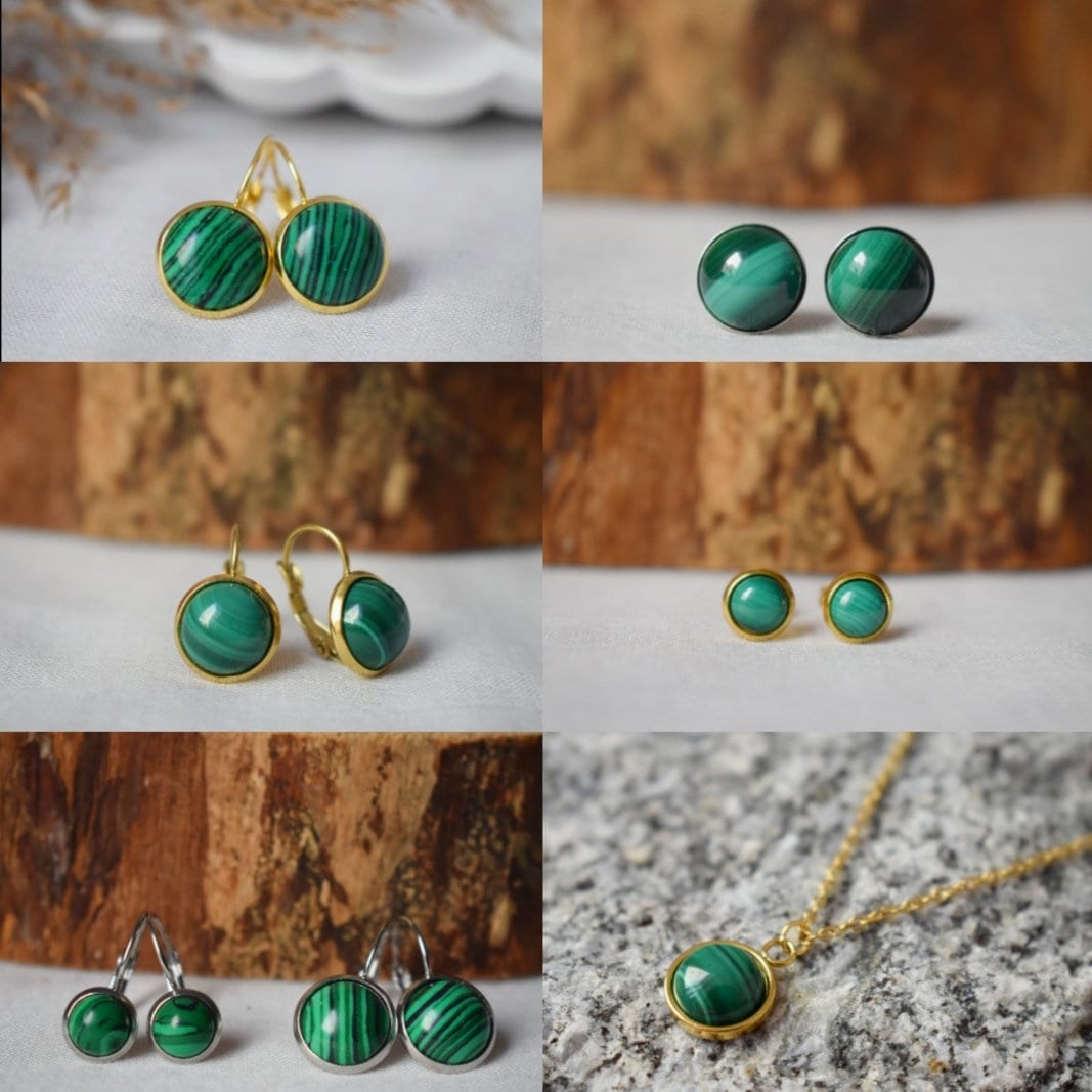 Malachit Ohrstecker, Kleine Edelstein Ohrstecker, Boho grüne Ohrringe, 8mm Runde Ohrringe, Minimalistischer Schmuck, Geburtsstein vergoldeter Schmuck