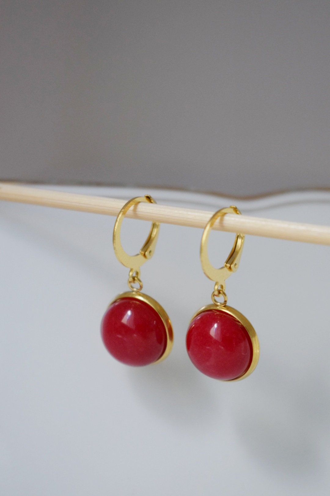 Red Jade Lever Back Earrings: 24k Gold Plated Huggie Hoops