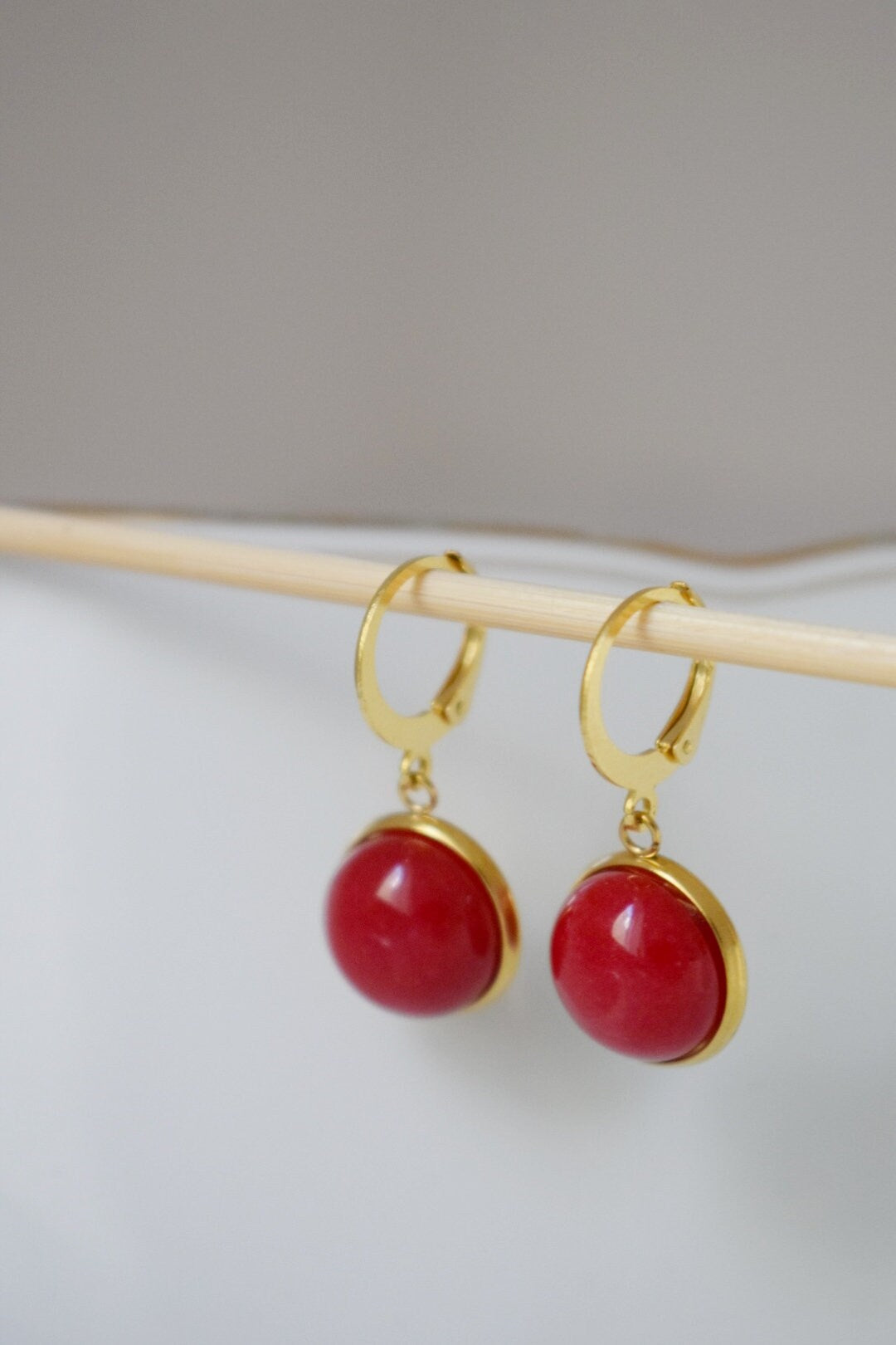 Red Jade Lever Back Earrings: 24k Gold Plated Huggie Hoops