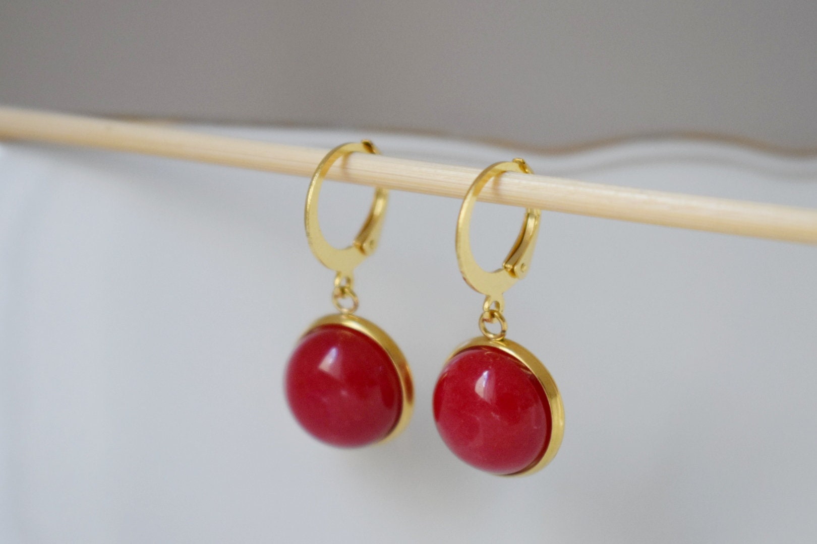 Red Jade Lever Back Earrings: 24k Gold Plated Huggie Hoops