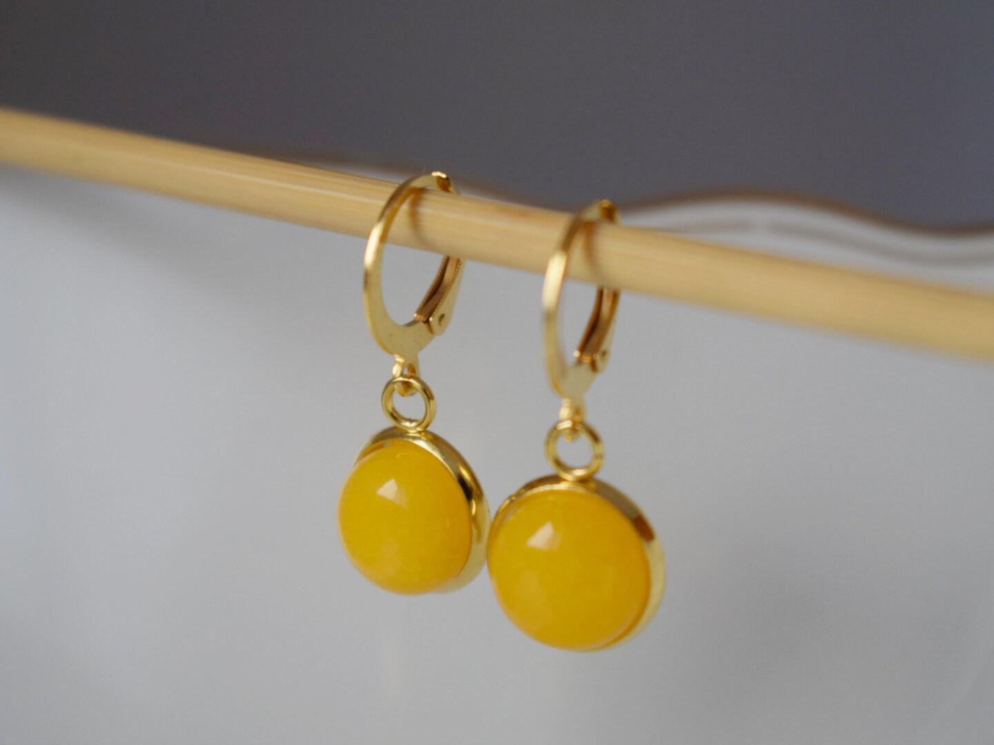 Yellow Jade Earrings: 24k Gold Plated Huggie Hoops, Gemstone Dangle, Christmas Jewellery Gift