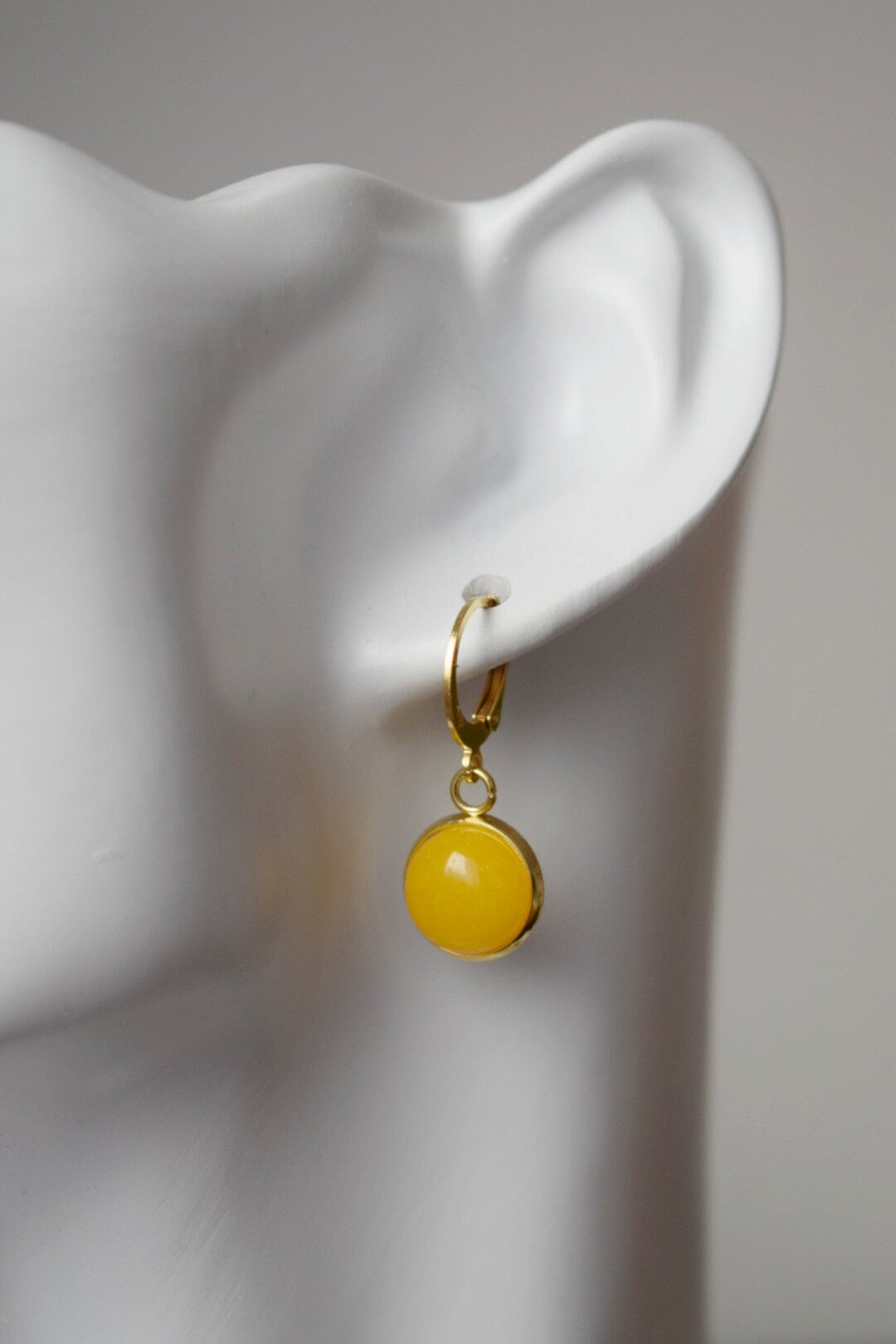Yellow Jade Earrings: 24k Gold Plated Huggie Hoops, Gemstone Dangle, Christmas Jewellery Gift