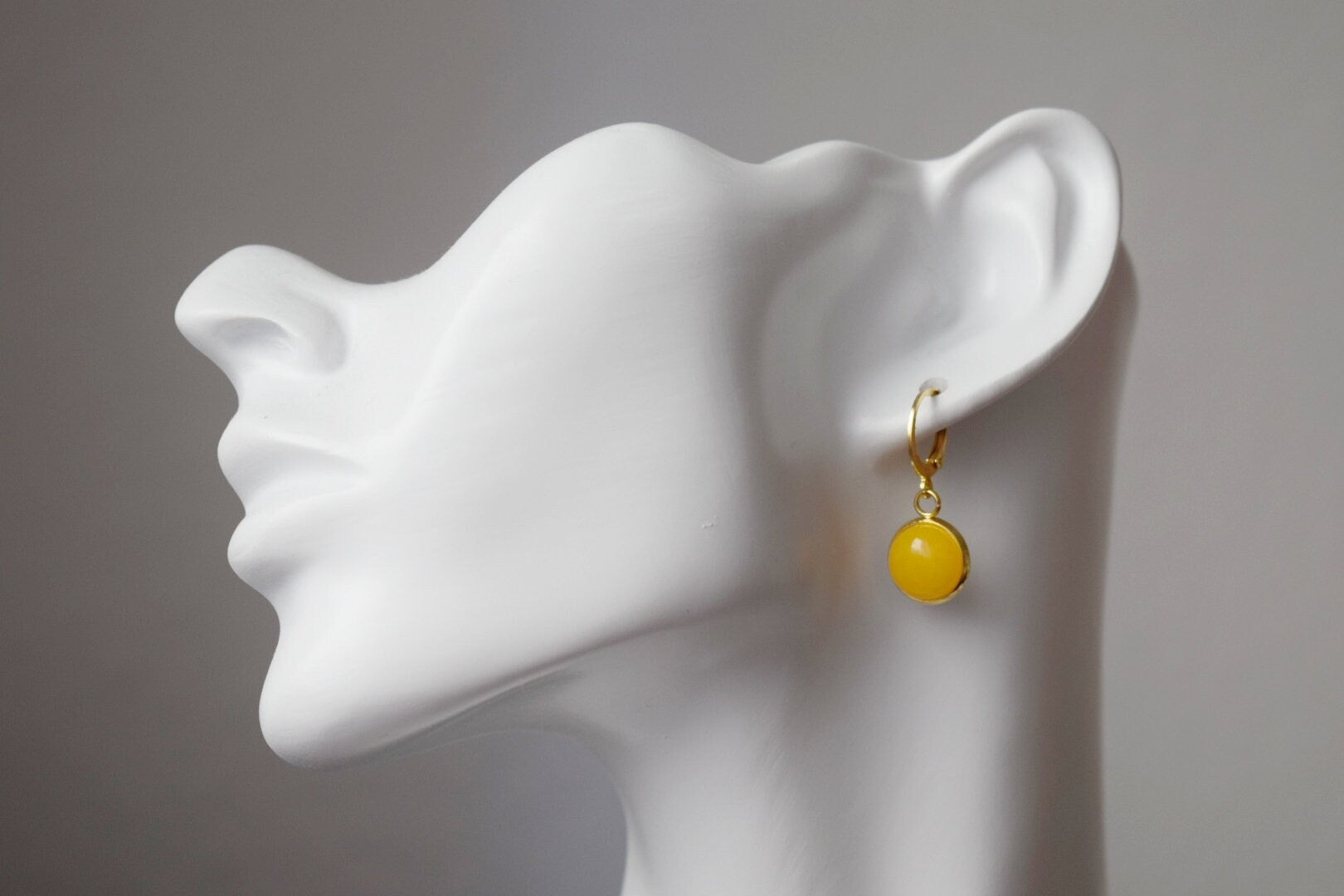 Yellow Jade Earrings: 24k Gold Plated Huggie Hoops, Gemstone Dangle, Christmas Jewellery Gift