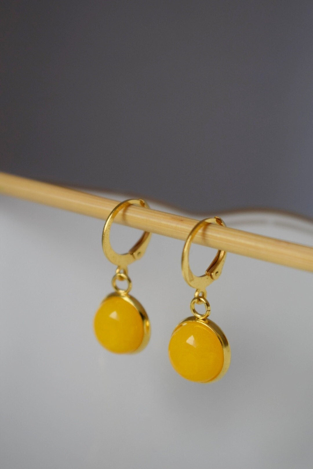 Yellow Jade Earrings: 24k Gold Plated Huggie Hoops, Gemstone Dangle, Christmas Jewellery Gift