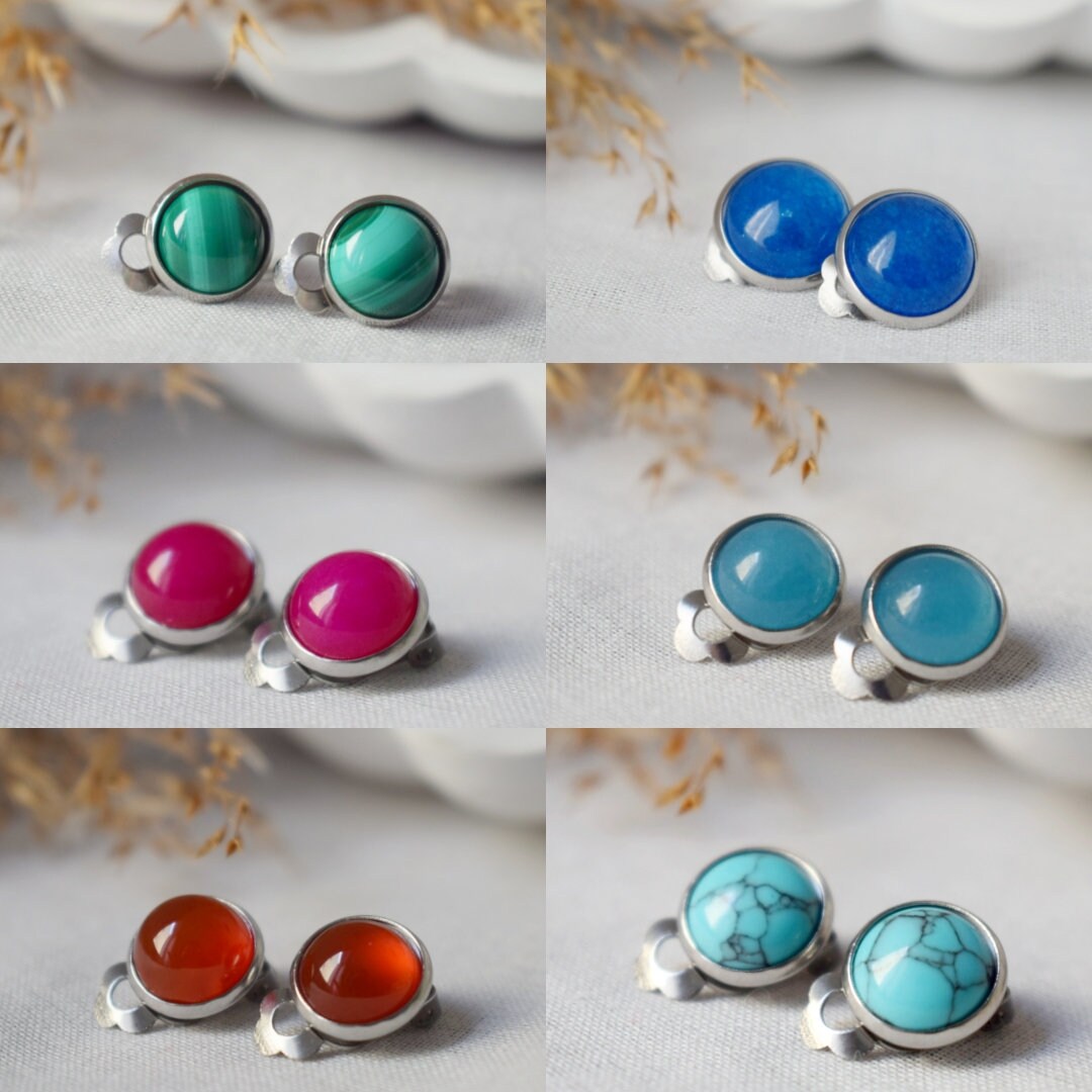 Small tiger eye clip on earrings, Gemstone Natural Stone No hole Jewellery