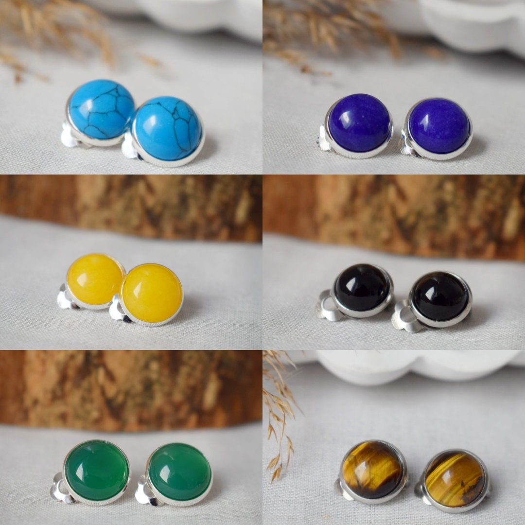 Black Agate Clip On Earrings: Surgical Steel Non Pierced Gemstone Ear Clips