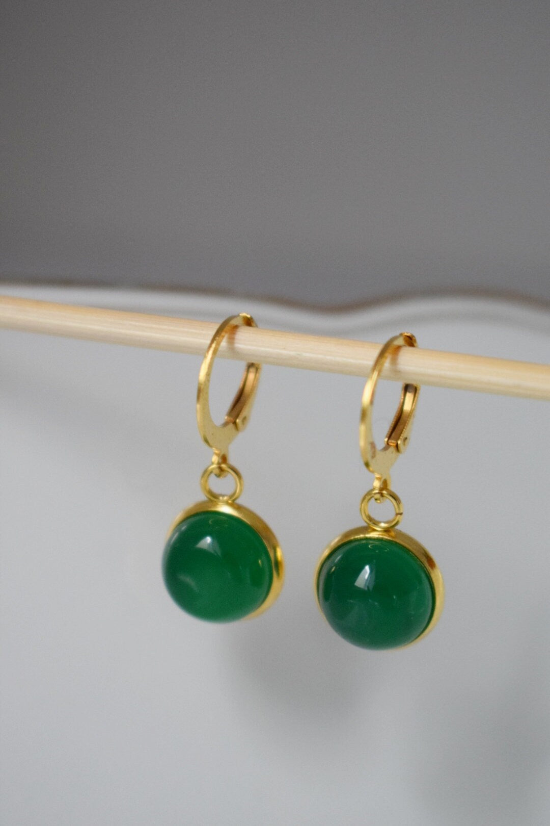 Green Agate Earrings: Gemstone 24K Gold Plated Huggie Hoops Jewelry
