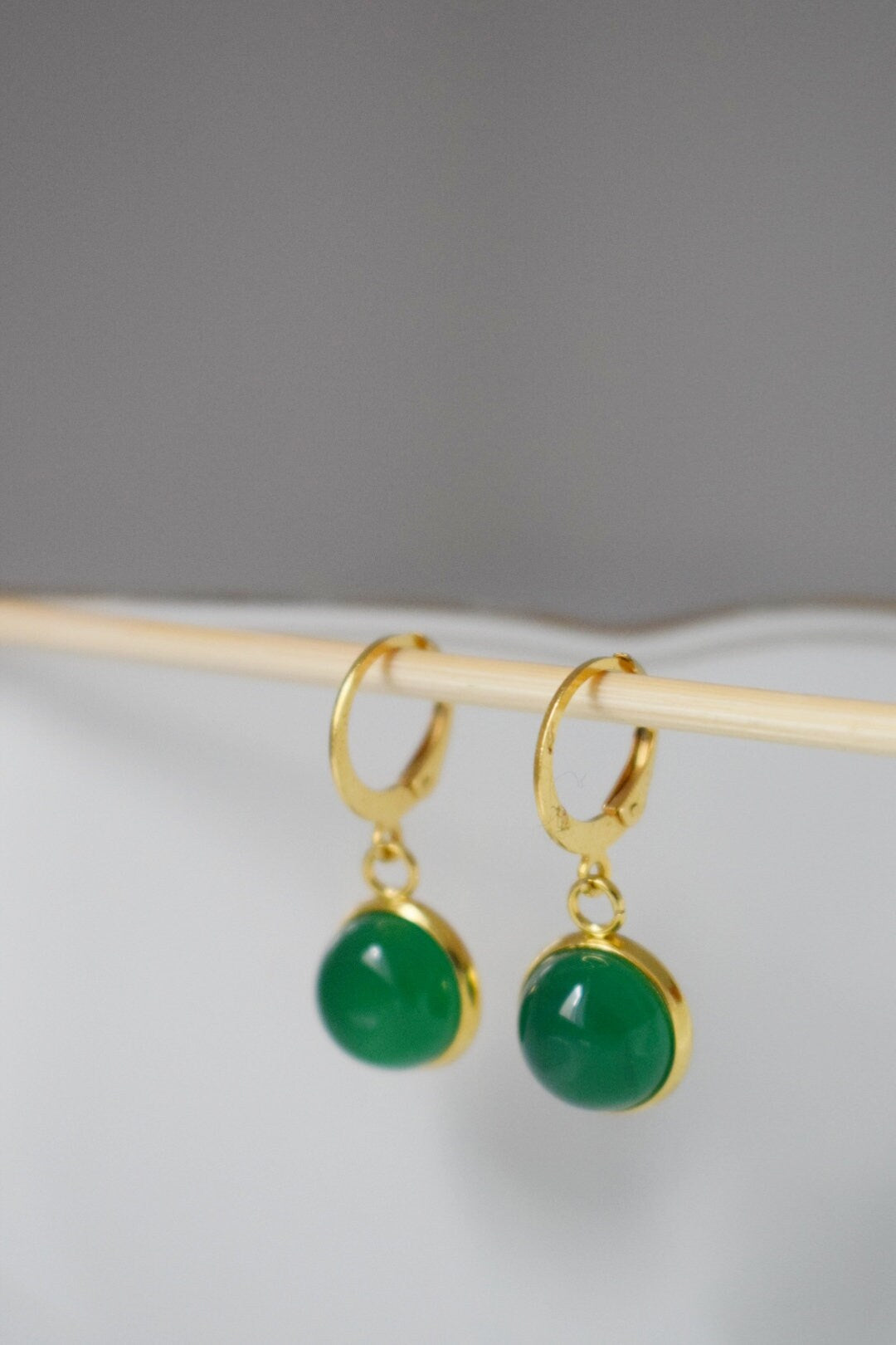 Green Agate Earrings: Gemstone 24K Gold Plated Huggie Hoops Jewelry