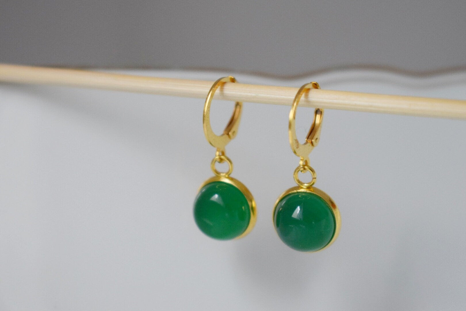 Green Agate Earrings: Gemstone 24K Gold Plated Huggie Hoops Jewelry