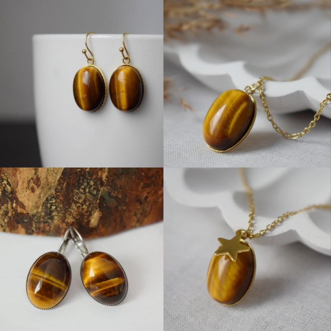 Tigerauge Ohrringe für Frauen, Edelstein-Ohrringe mit Klappverschluss, goldbrauner Naturstein, Chakra, Tigerauge Schmuck für sie, Muttertagsgeschenk