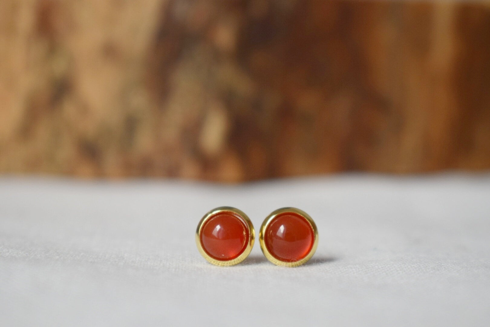 Carnelian Stud Earrings: 18k gold plated Gemstone Round Red Orange jewelry