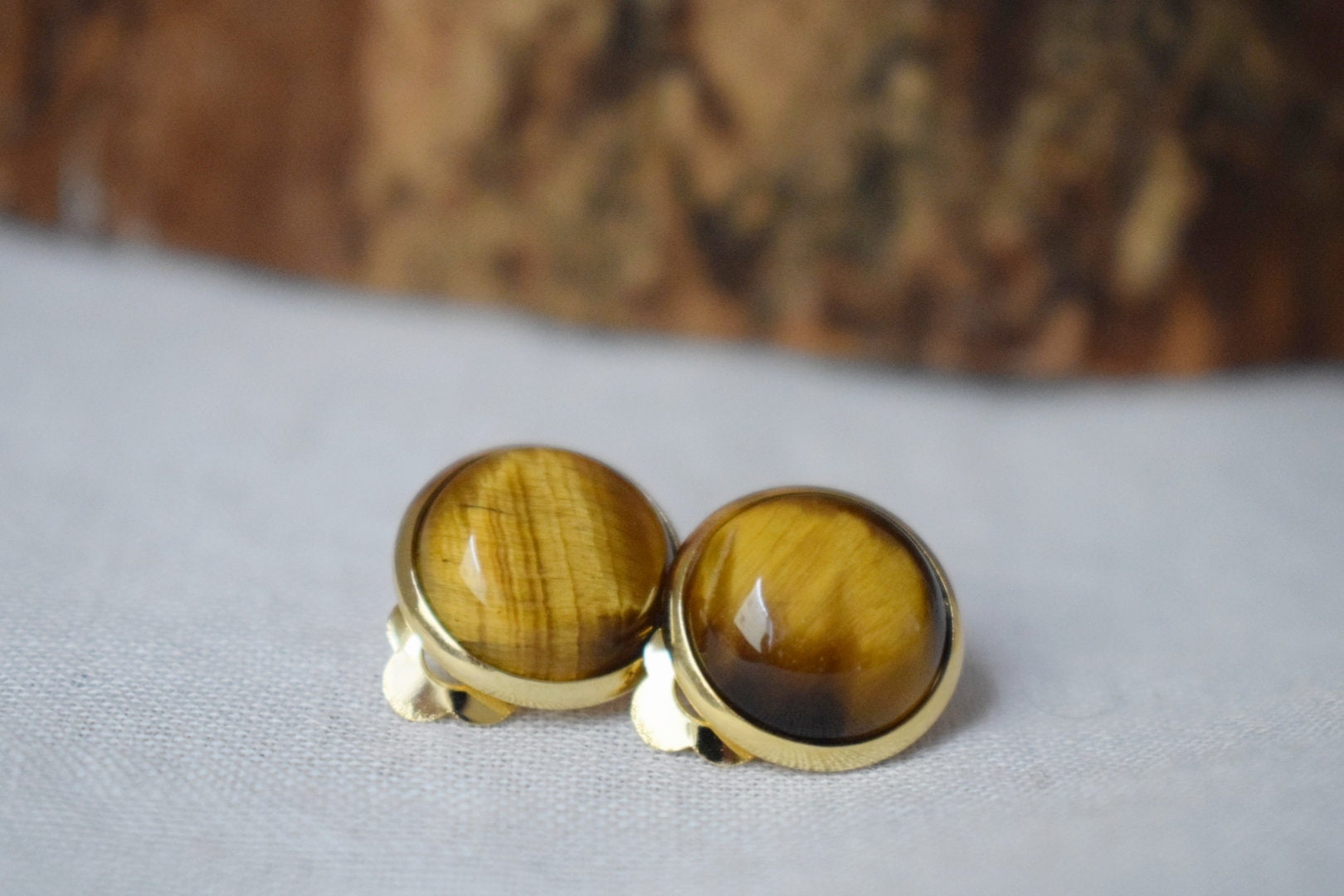 Tiger Eye Clip On Earrings: Gold Plated Non Pierced Jewelry