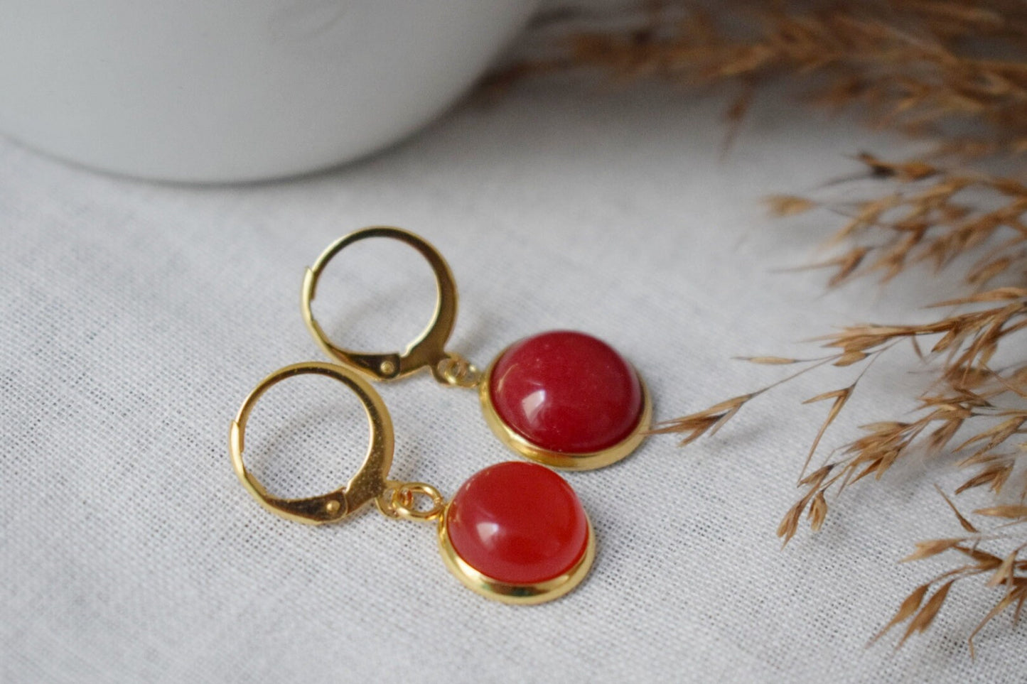 Red Jade Lever Back Earrings: 24k Gold Plated Huggie Hoops