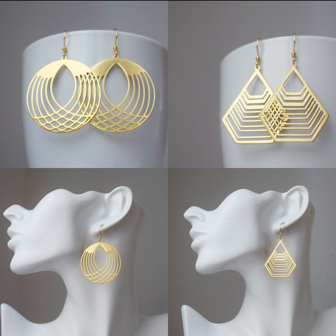 Gold Filigree Polygon Earrings: Stainless Steel Geometric Dangles Jewelry