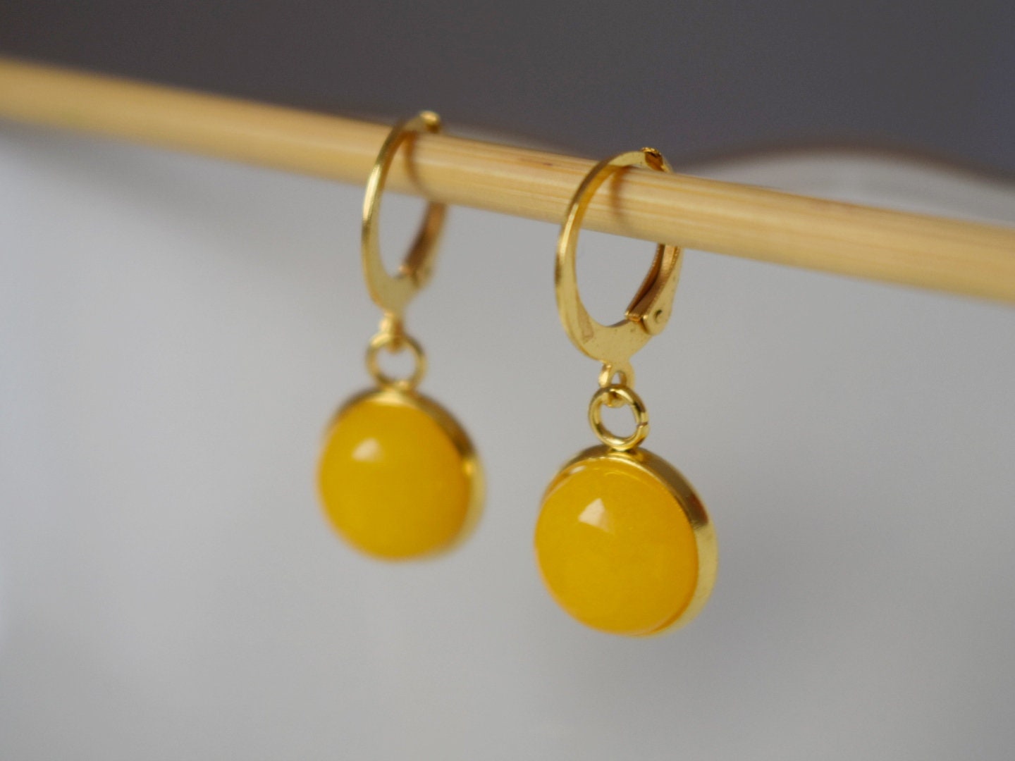 Yellow Jade Earrings: 24k Gold Plated Huggie Hoops, Gemstone Dangle, Christmas Jewellery Gift