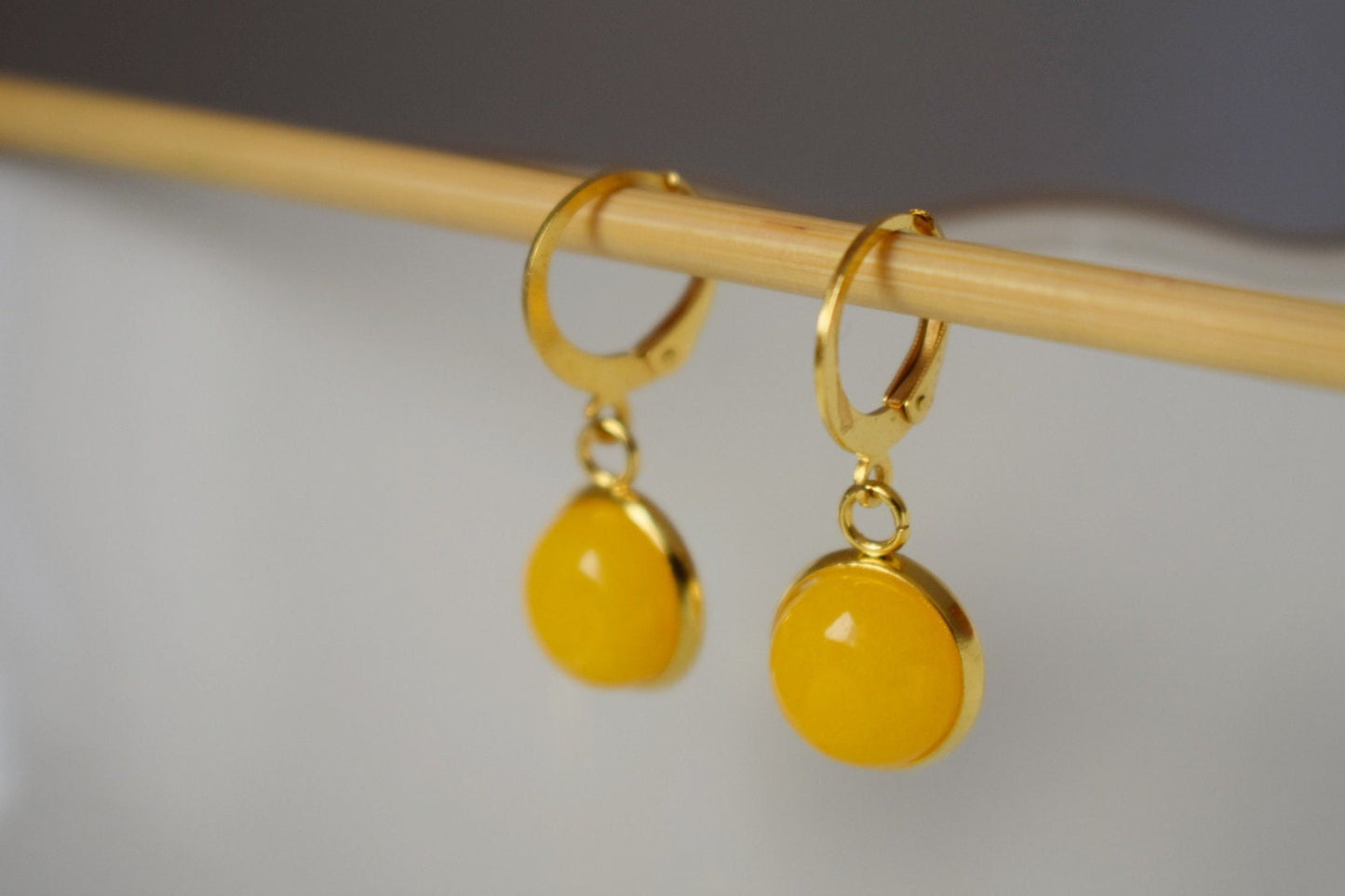 Yellow Jade Earrings: 24k Gold Plated Huggie Hoops, Gemstone Dangle, Christmas Jewellery Gift