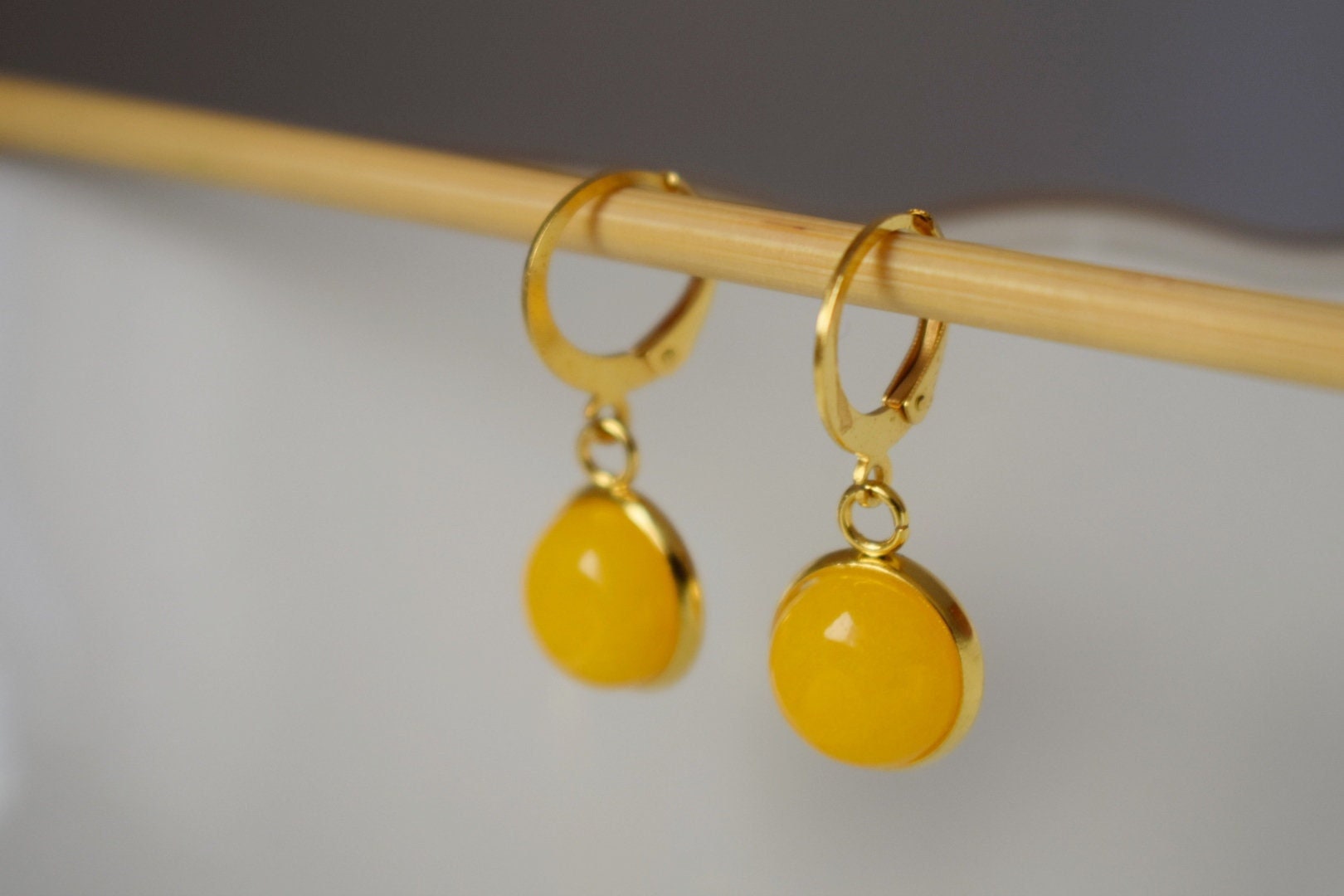 Yellow Jade Earrings: 24k Gold Plated Huggie Hoops, Gemstone Dangle, Christmas Jewellery Gift