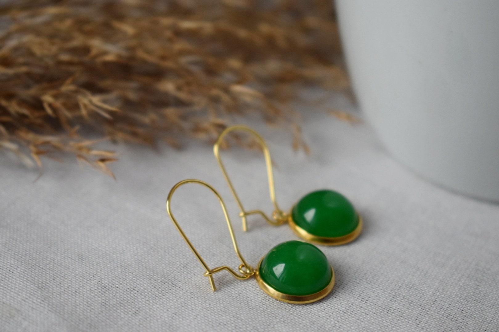 Gold Hoop Green Jade Lever Back Earrings, Gemstone Dangle