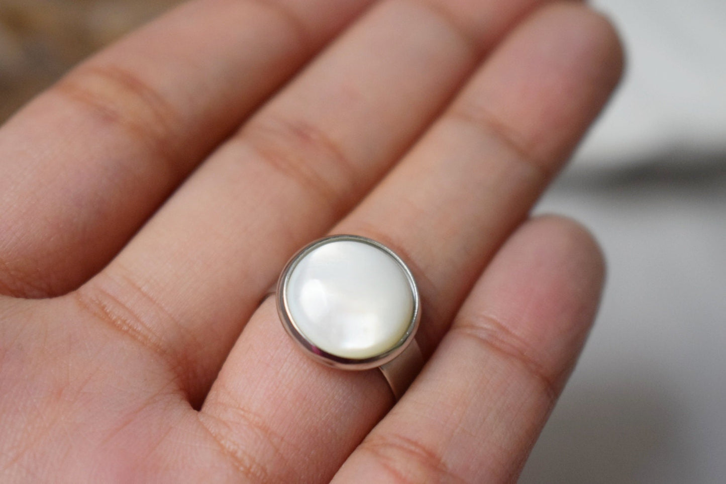 Mother of Pearl Ring: Adjustable Stainless Steel Band Jewellery