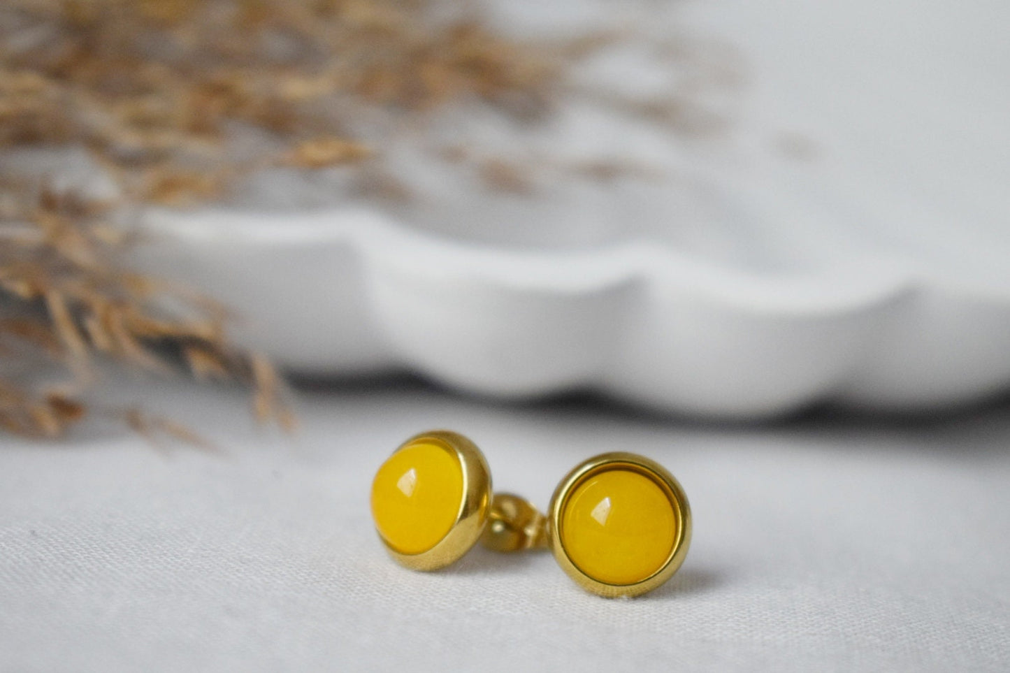 Yellow jade stud earrings, Small gemstone jewelry, Gift for her