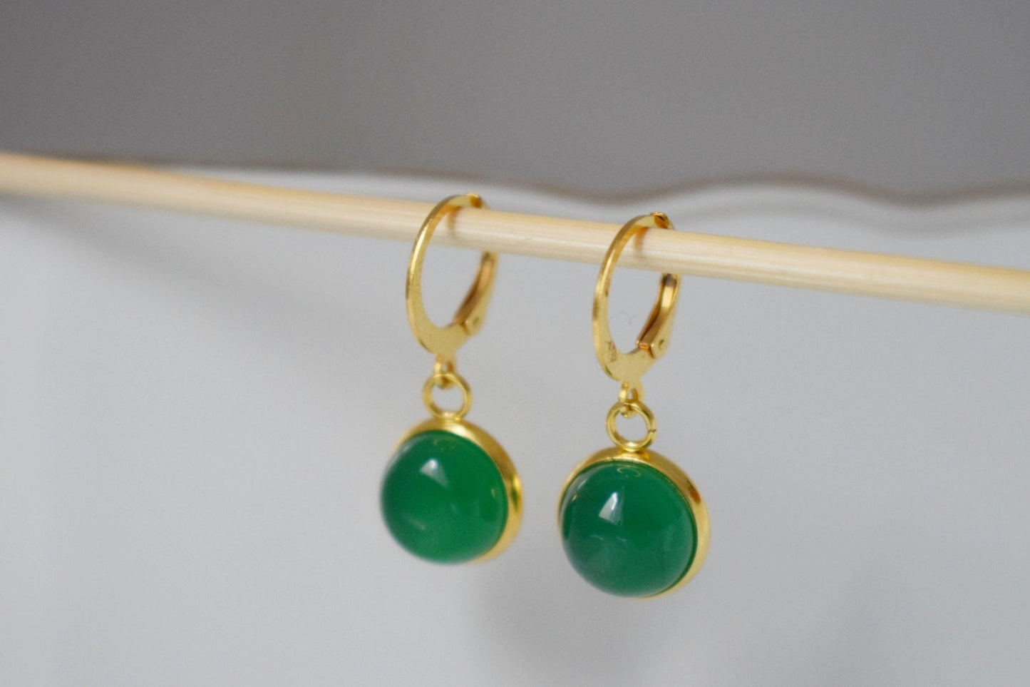 Green Agate Earrings: Gemstone 24K Gold Plated Huggie Hoops Jewelry