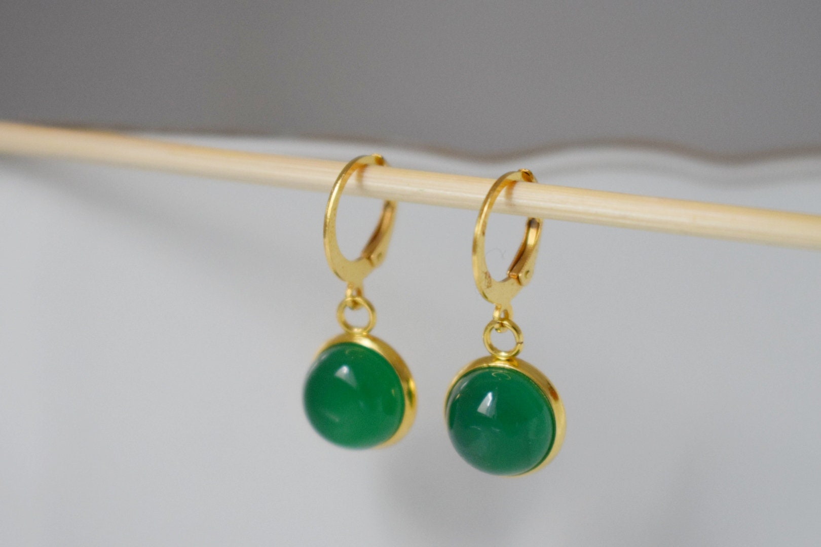 Green Agate Earrings: Gemstone 24K Gold Plated Huggie Hoops Jewelry
