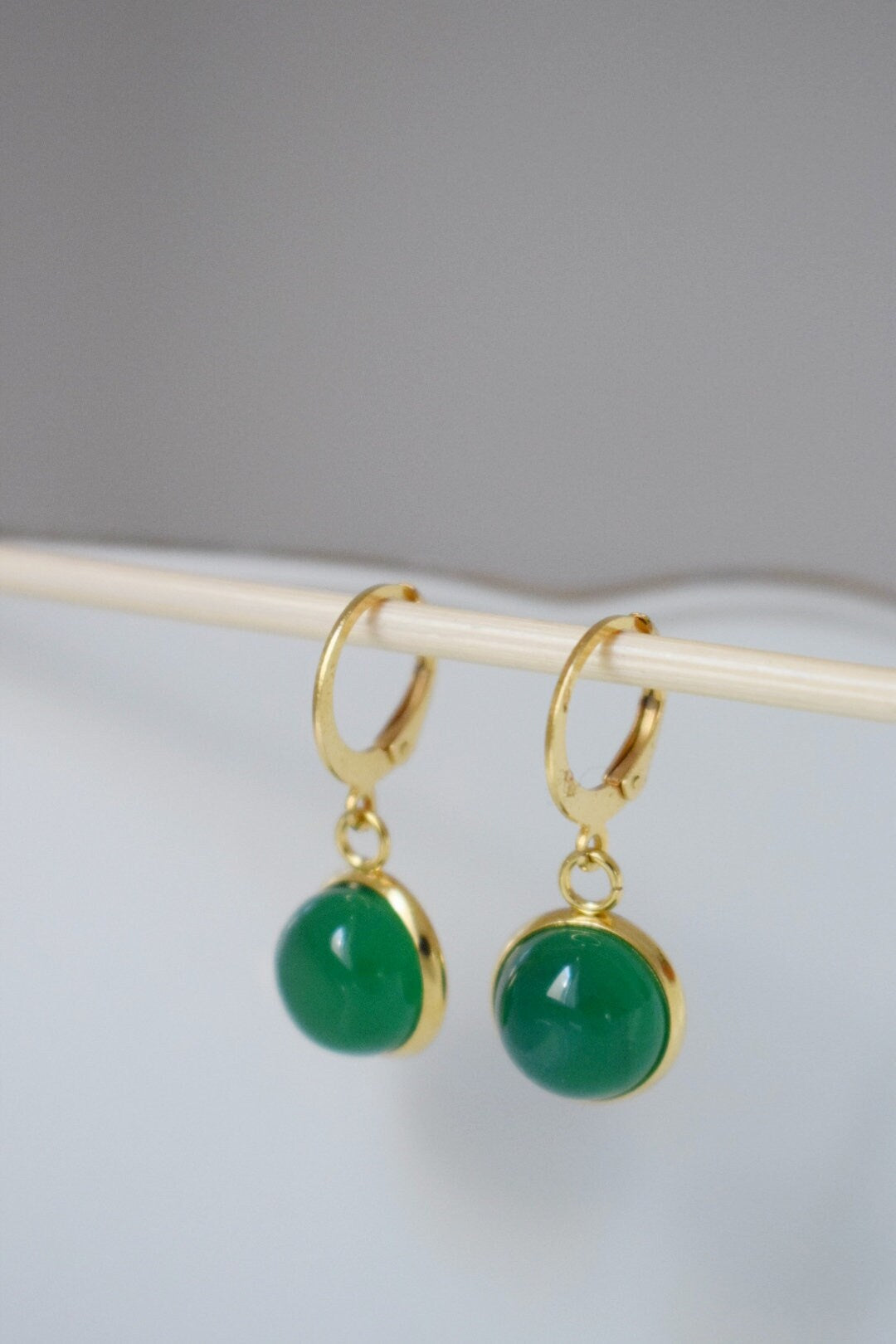 Green Agate Earrings: Gemstone 24K Gold Plated Huggie Hoops Jewelry