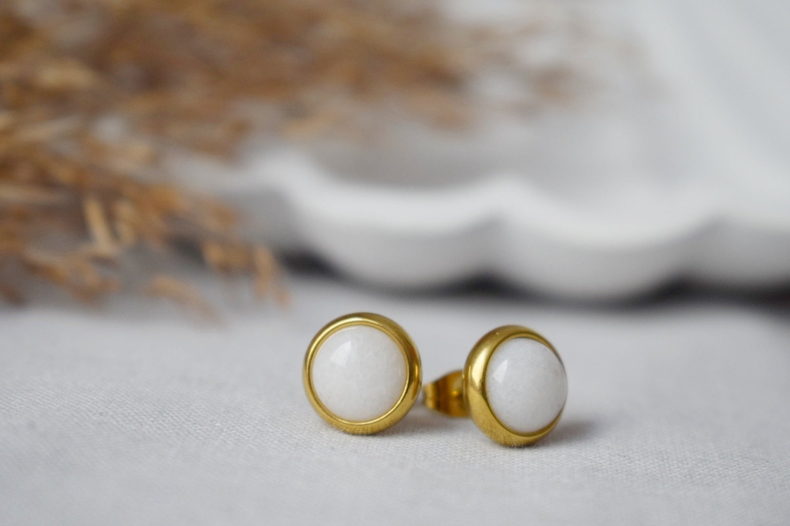 White Jade Stud Earrings: Minimalist Gemstone Jewelry