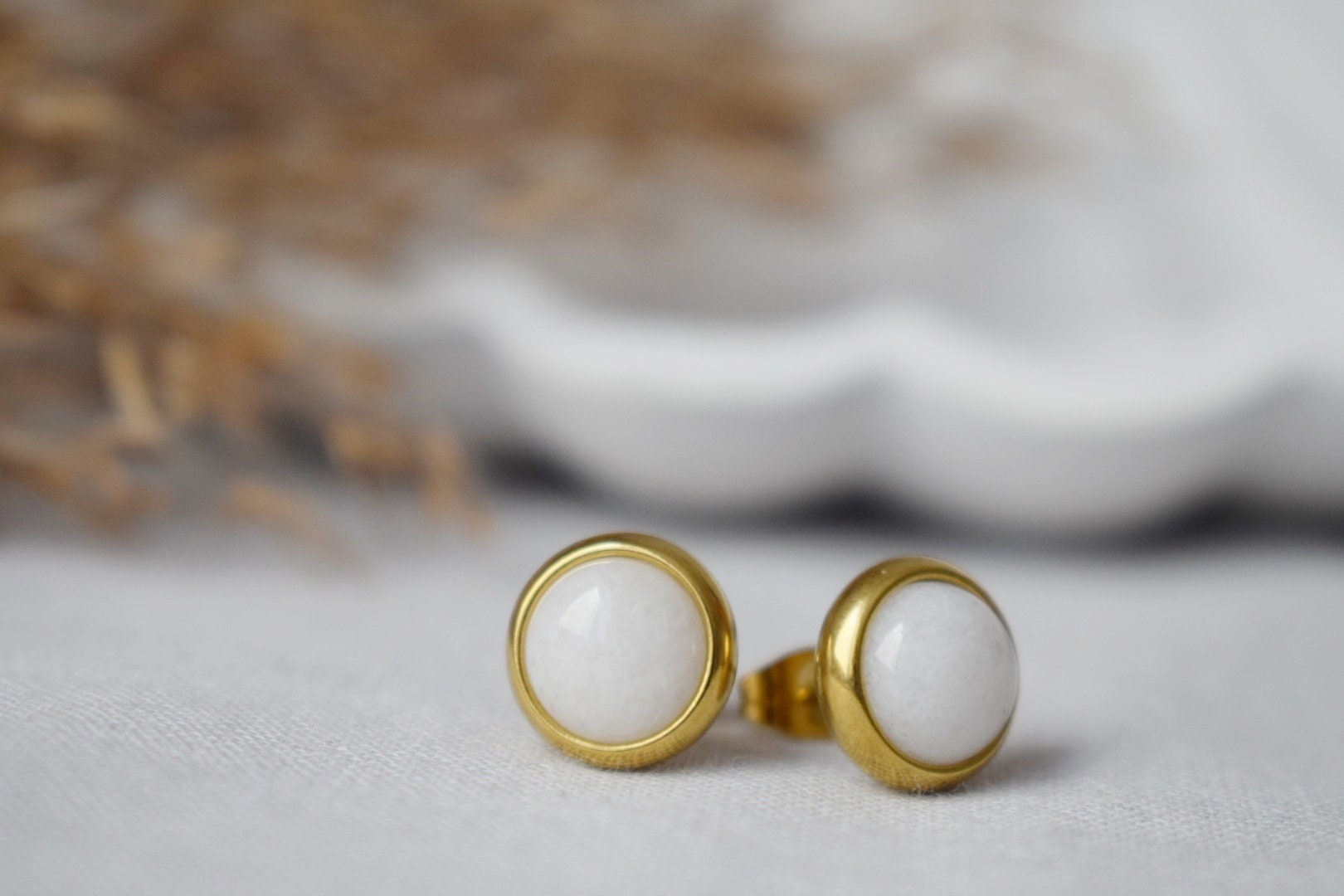 White Jade Stud Earrings: Minimalist Gemstone Jewelry