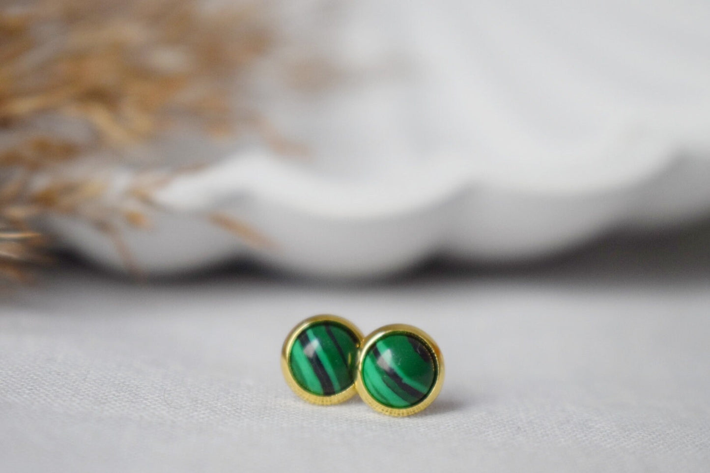 Malachite Stud Earrings, Green Golden Jewelry, Gift For Her