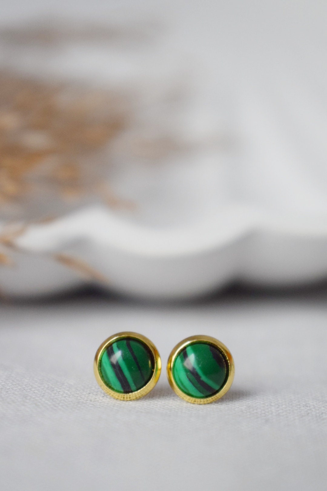 Malachite Stud Earrings, Green Golden Jewelry, Gift For Her