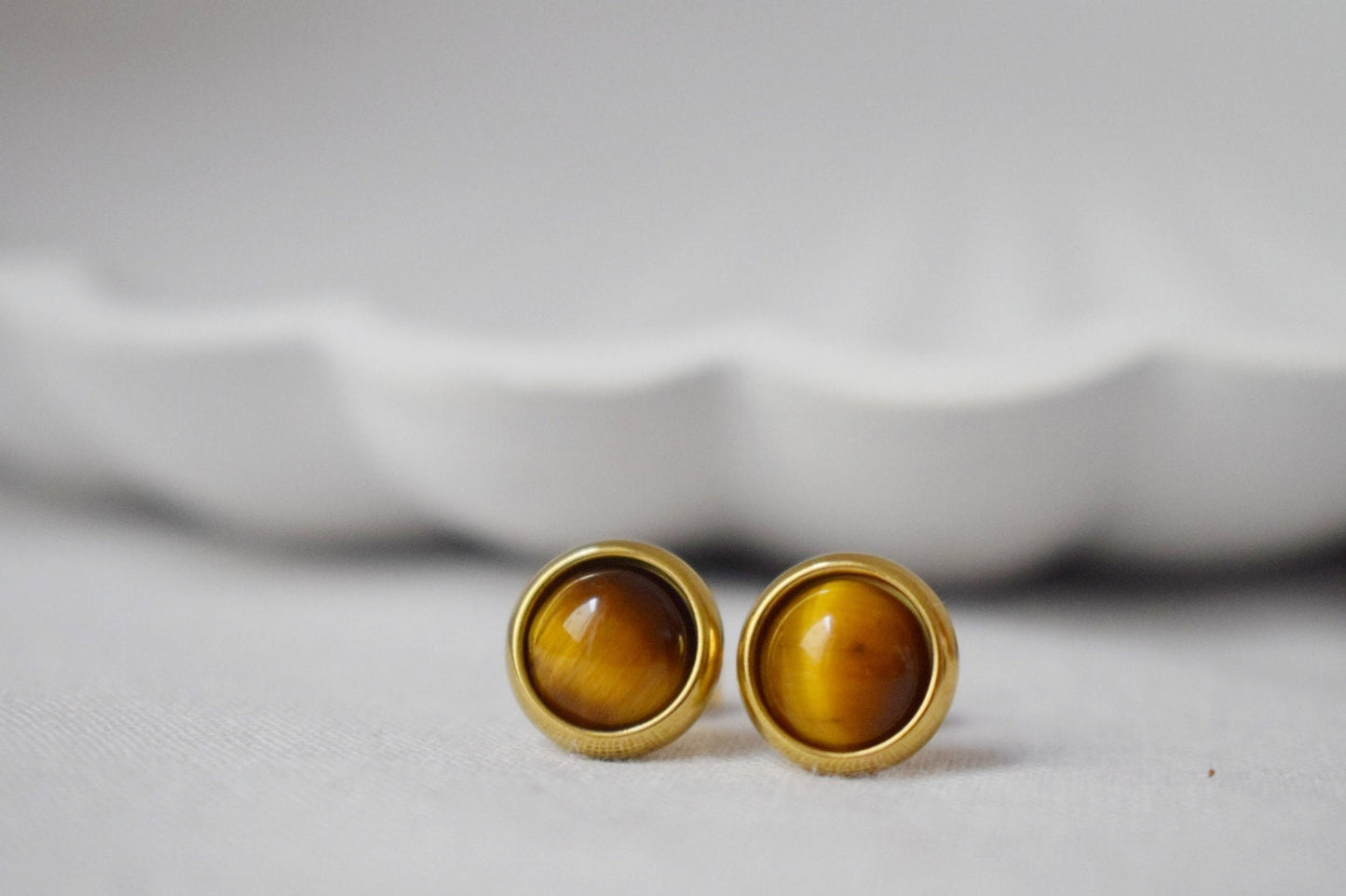 Gold Tiger Eye Stud Earrings: 8mm Gemstone, Minimalist Jewelry